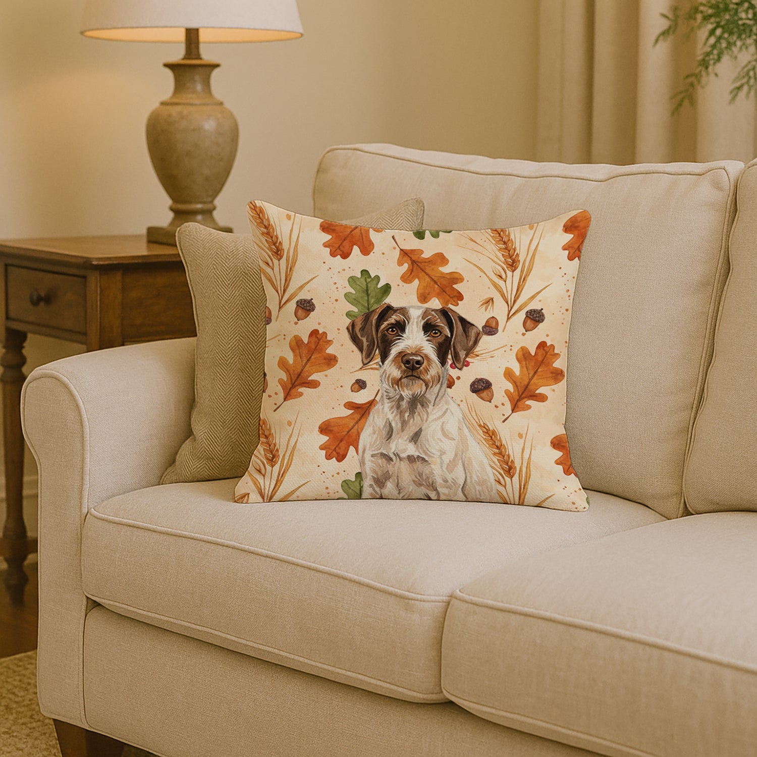 Liver and White German Wirehaired Pointer Heirloom Fall Decorative Throw Pillow 14x14 Indoor Outdoor Accent Cushion, Fabric Cover with Insert for Sofa, Bed, Porch & Living Room