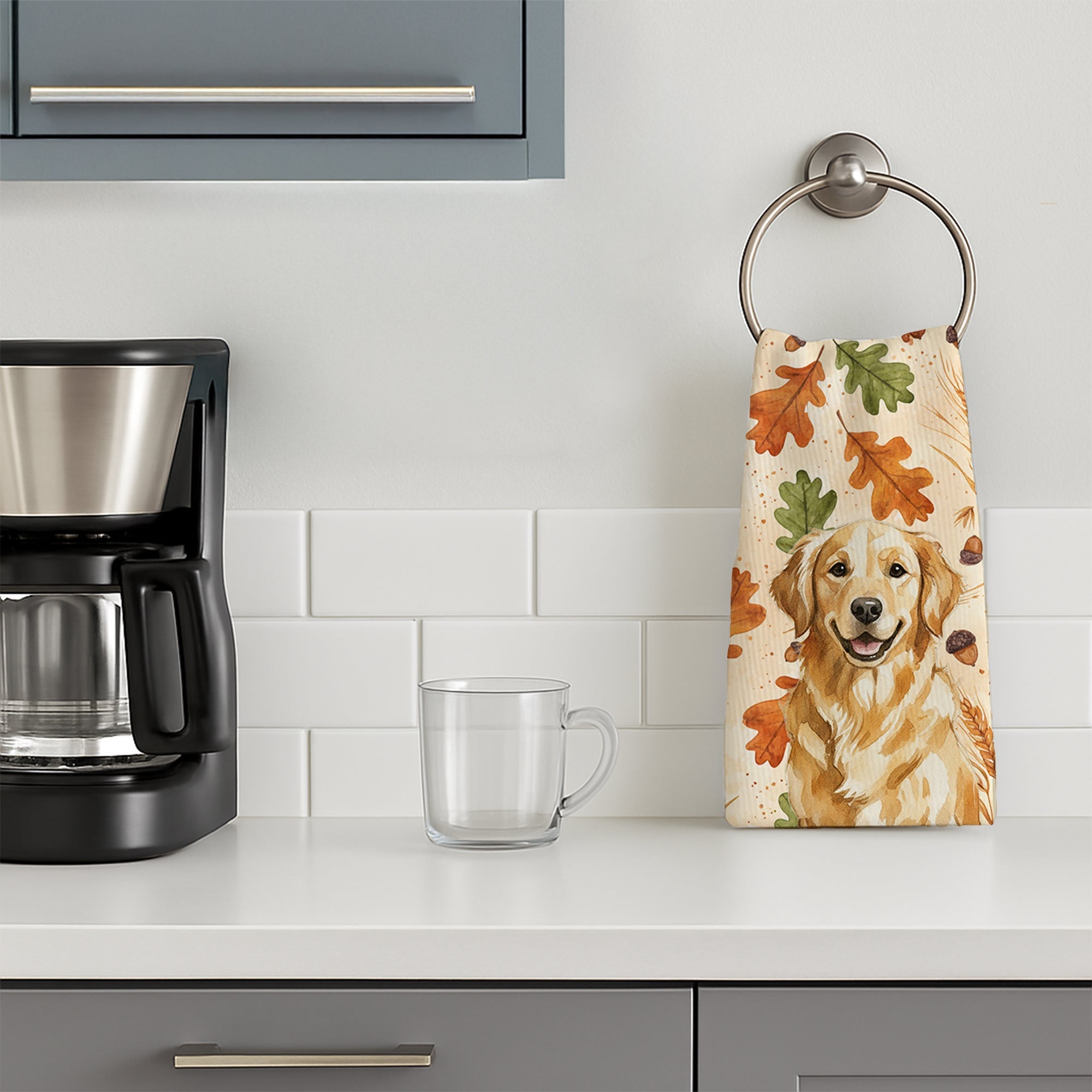 Golden Retriever Heirloom Fall Kitchen Towel Velour Plush Front and Cotton Loop Back Machine Washable