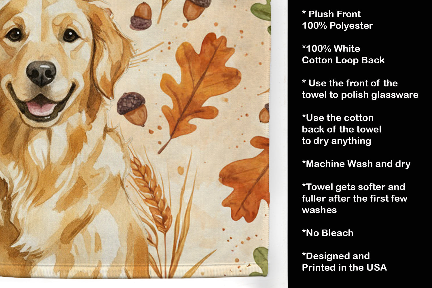 Golden Retriever Heirloom Fall Kitchen Towel Velour Plush Front and Cotton Loop Back Machine Washable
