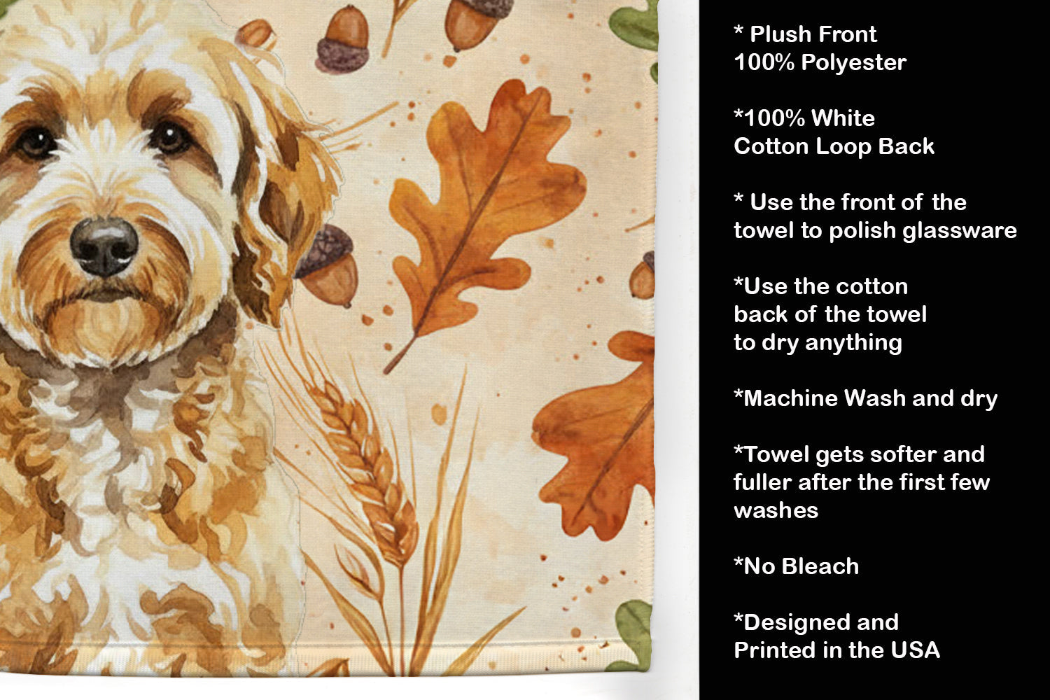 Goldendoodle Heirloom Fall Kitchen Towel Velour Plush Front and Cotton Loop Back Machine Washable
