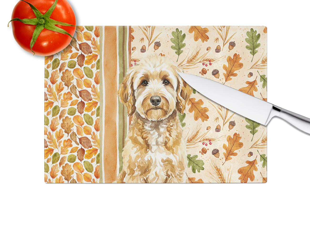 Goldendoodle Heirloom Fall Cutting Board Tempered Glass Kitchen Cutting Surface, Heat Resistant Chopping, Non-Slip Feet, Food Prep & Serving