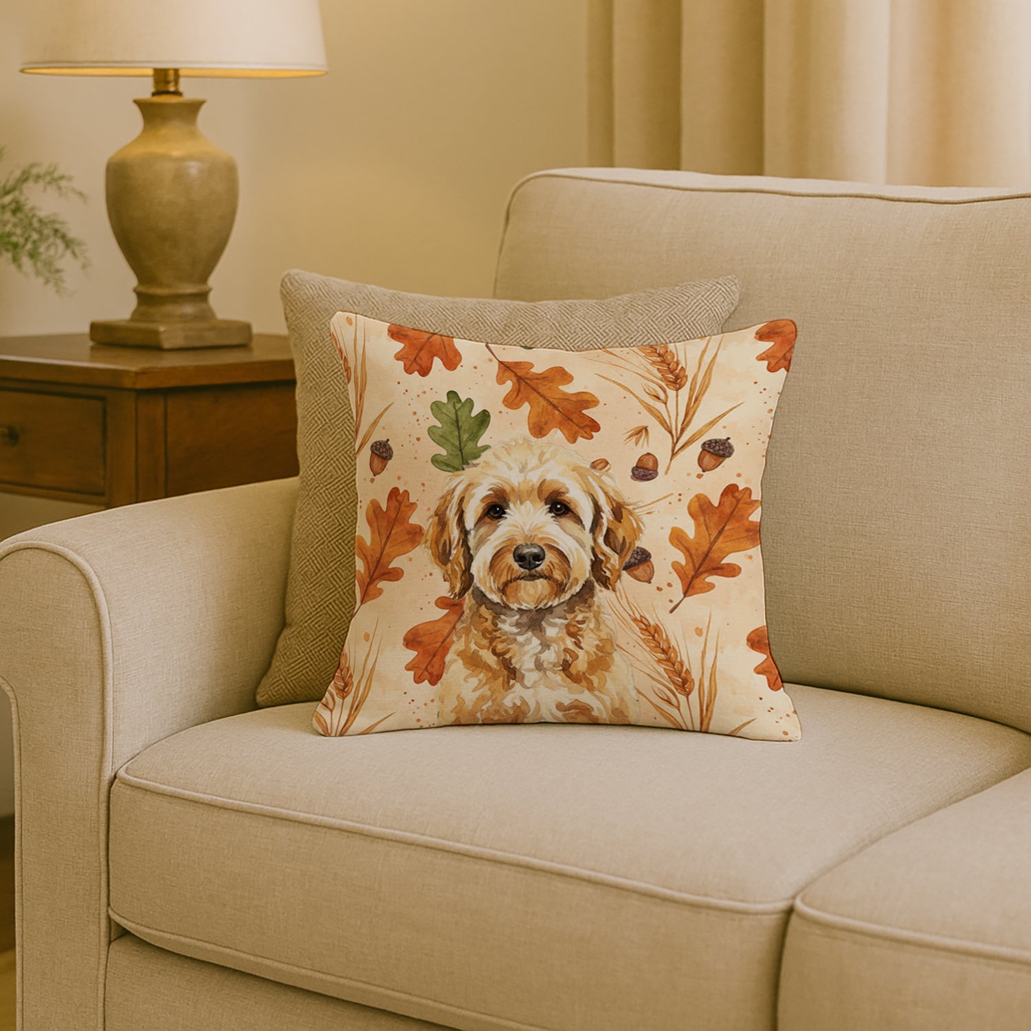 Goldendoodle Heirloom Fall Decorative Throw Pillow 18x18 Indoor Outdoor Accent Cushion, Fabric Cover with Insert for Sofa, Bed, Porch & Living Room