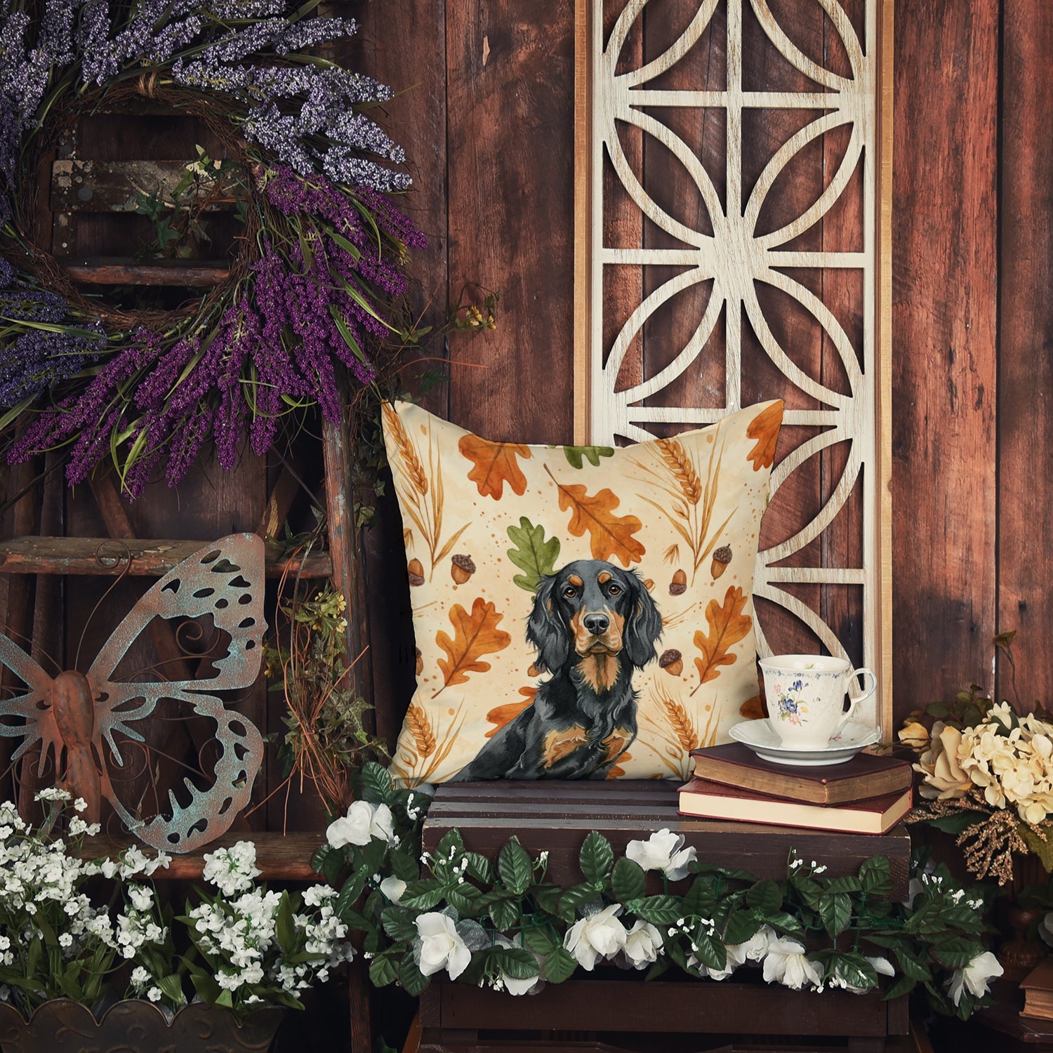 Gordon Setter Heirloom Fall Decorative Throw Pillow 14x14 Indoor Outdoor Accent Cushion, Fabric Cover with Insert for Sofa, Bed, Porch & Living Room