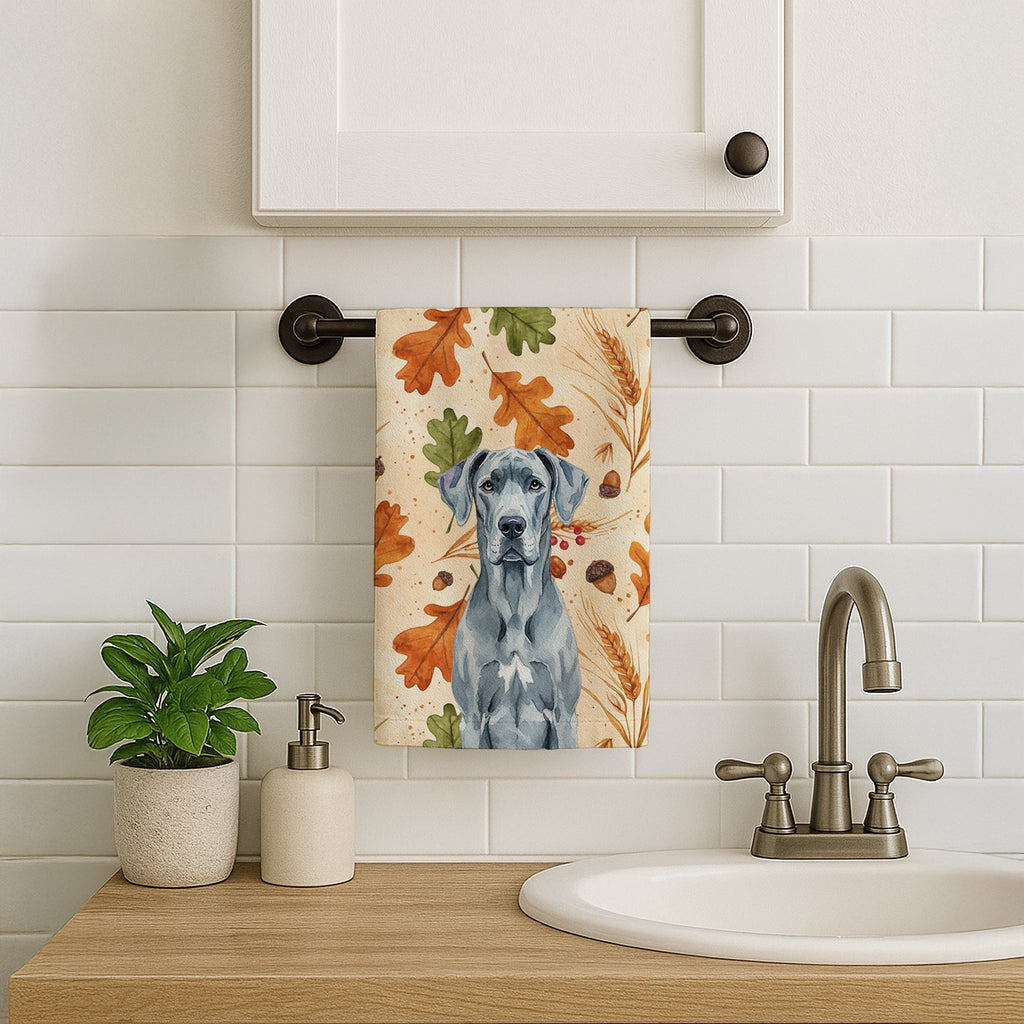 Blue Great Dane Heirloom Fall Kitchen Towel Velour Plush Front and Cotton Loop Back Machine Washable
