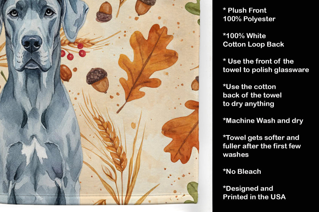 Blue Great Dane Heirloom Fall Kitchen Towel Velour Plush Front and Cotton Loop Back Machine Washable
