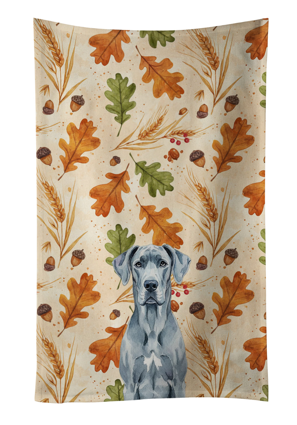 Blue Great Dane Heirloom Fall Kitchen Towel Velour Plush Front and Cotton Loop Back Machine Washable