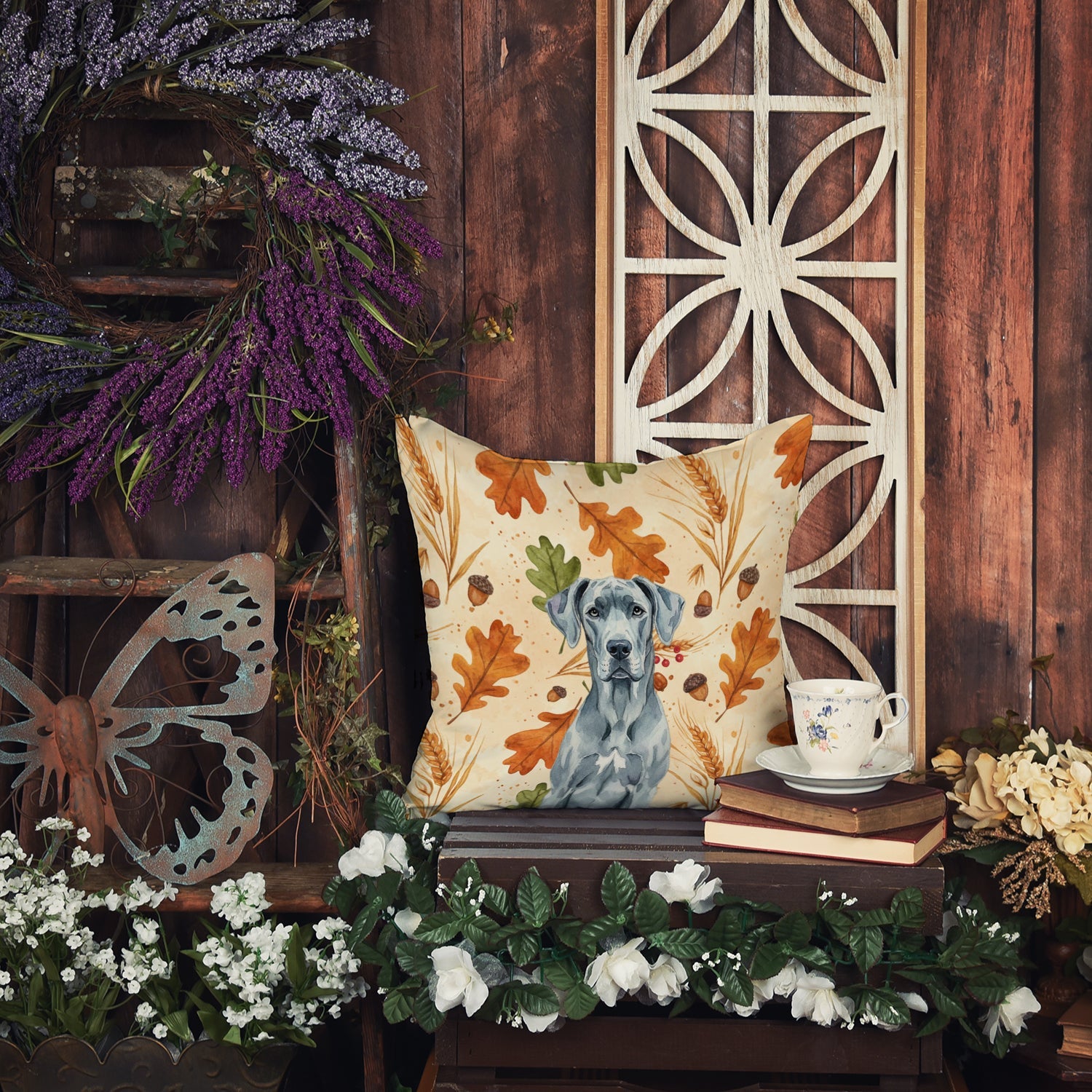 Blue Great Dane Heirloom Fall Decorative Throw Pillow 18x18 Indoor Outdoor Accent Cushion, Fabric Cover with Insert for Sofa, Bed, Porch & Living Room