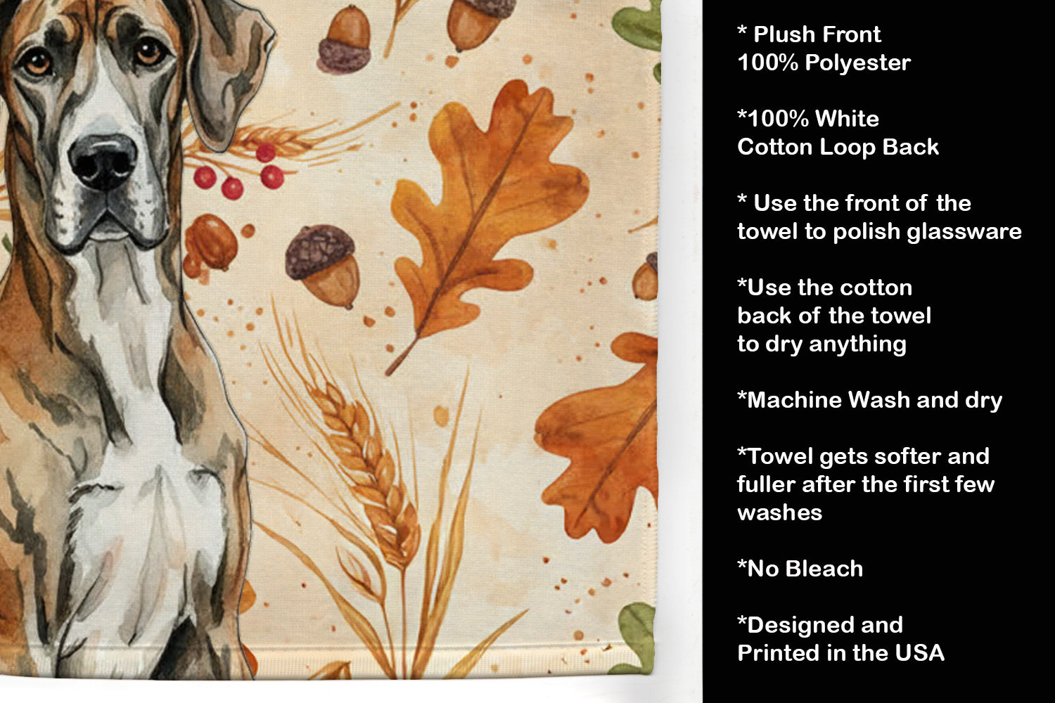 Brindle Great Dane Heirloom Fall Kitchen Towel Velour Plush Front and Cotton Loop Back Machine Washable