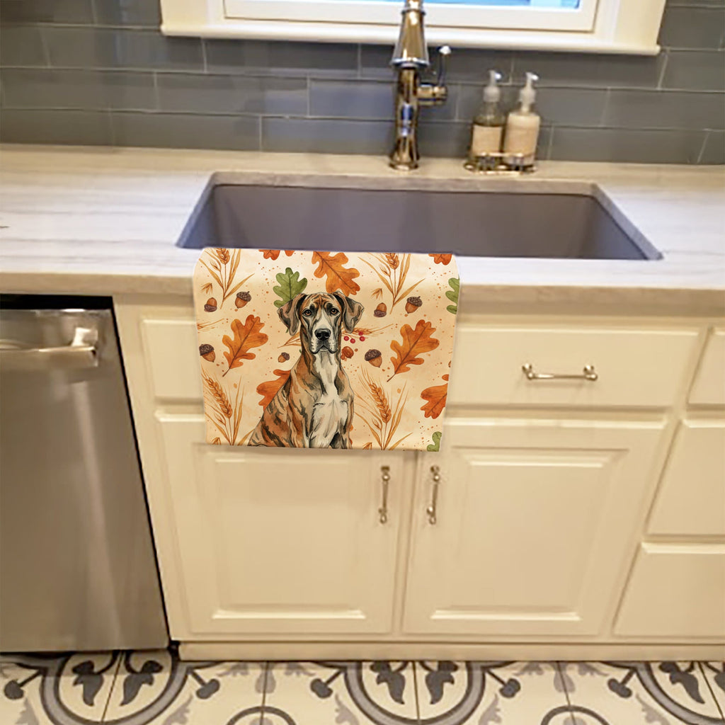 Brindle Great Dane Heirloom Fall Kitchen Towel Velour Plush Front and Cotton Loop Back Machine Washable