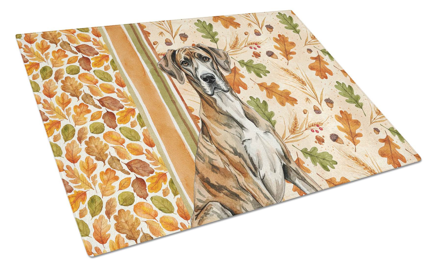 Brindle Great Dane Heirloom Fall Cutting Board Tempered Glass Kitchen Cutting Surface, Heat Resistant Chopping, Non-Slip Feet, Food Prep & Serving