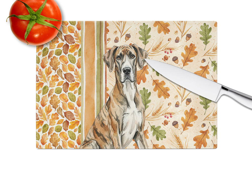 Brindle Great Dane Heirloom Fall Cutting Board Tempered Glass Kitchen Cutting Surface, Heat Resistant Chopping, Non-Slip Feet, Food Prep & Serving