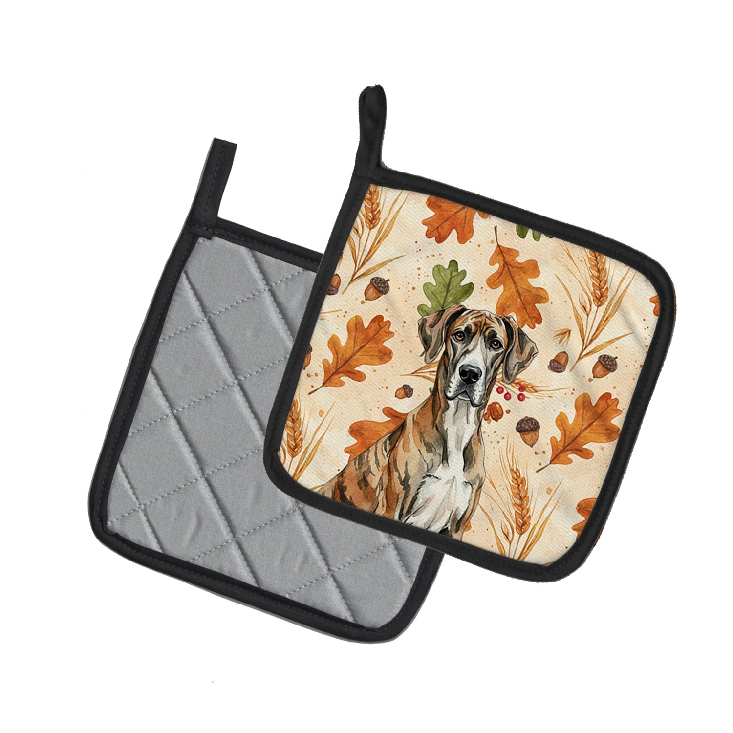 Brindle Great Dane Heirloom Fall Pot Holder Set of 2 Heat Resistant Quilted Hot Pads 7.5 x 7.5 Inch, Insulated Kitchen Trivets for Cooking & Baking
