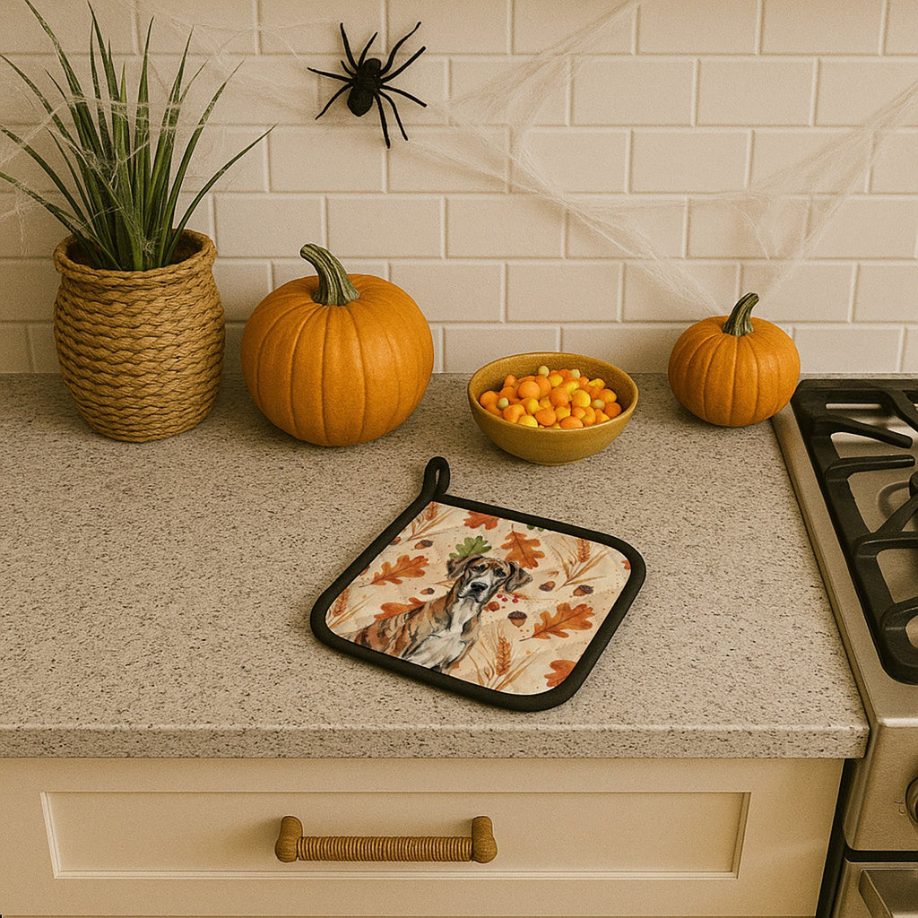 Brindle Great Dane Heirloom Fall Pot Holder Set of 2 Heat Resistant Quilted Hot Pads 7.5 x 7.5 Inch, Insulated Kitchen Trivets for Cooking & Baking