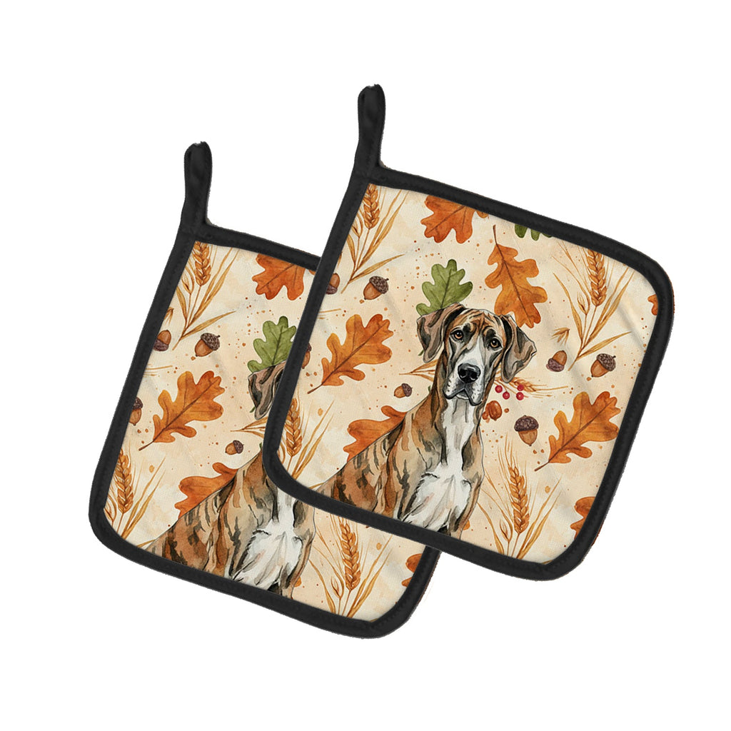 Brindle Great Dane Heirloom Fall Pot Holder Set of 2 Heat Resistant Quilted Hot Pads 7.5 x 7.5 Inch, Insulated Kitchen Trivets for Cooking & Baking
