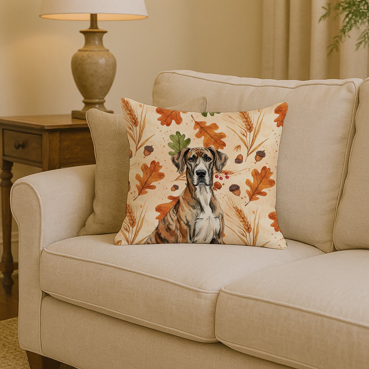 Brindle Great Dane Heirloom Fall Decorative Throw Pillow 14x14 Indoor Outdoor Accent Cushion, Fabric Cover with Insert for Sofa, Bed, Porch & Living Room