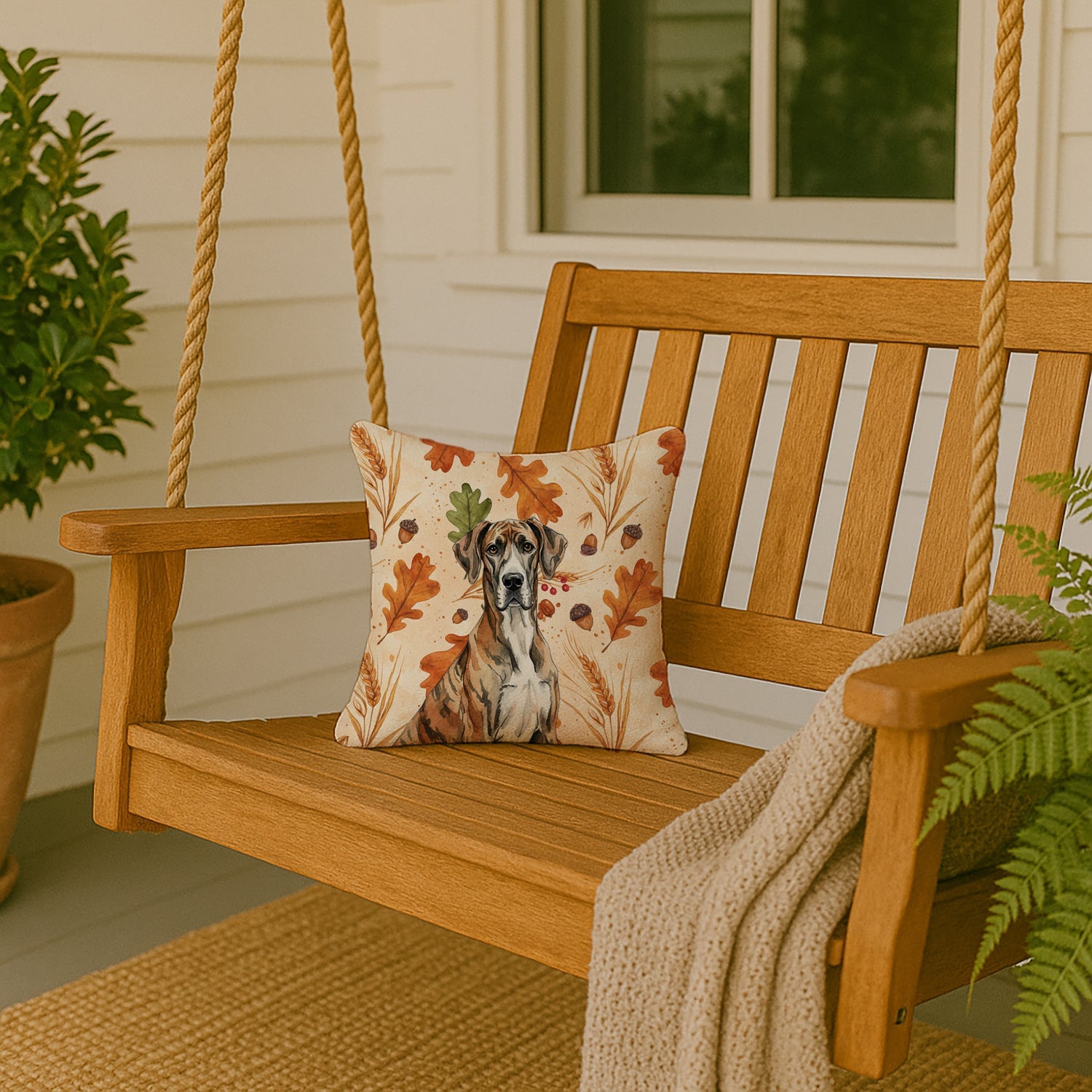 Brindle Great Dane Heirloom Fall Decorative Throw Pillow 14x14 Indoor Outdoor Accent Cushion, Fabric Cover with Insert for Sofa, Bed, Porch & Living Room