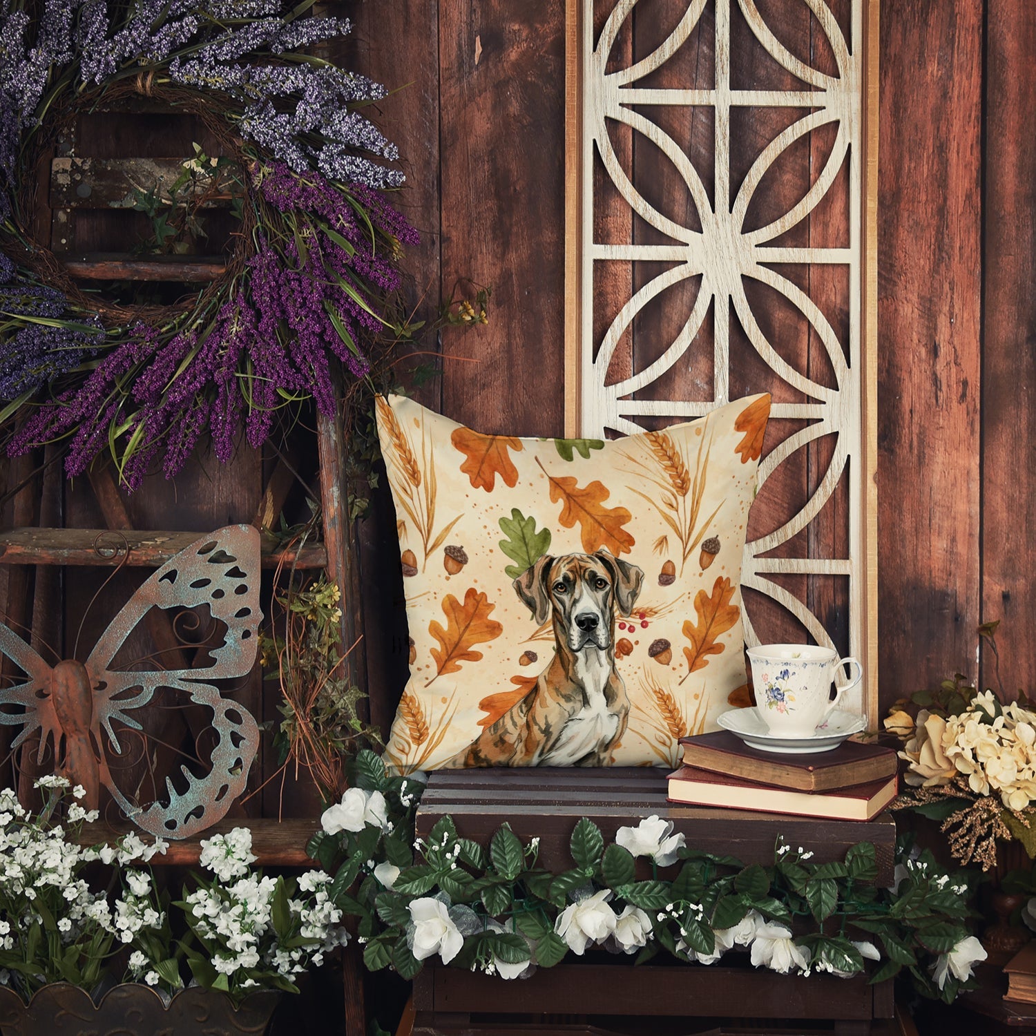 Brindle Great Dane Heirloom Fall Decorative Throw Pillow 18x18 Indoor Outdoor Accent Cushion, Fabric Cover with Insert for Sofa, Bed, Porch & Living Room