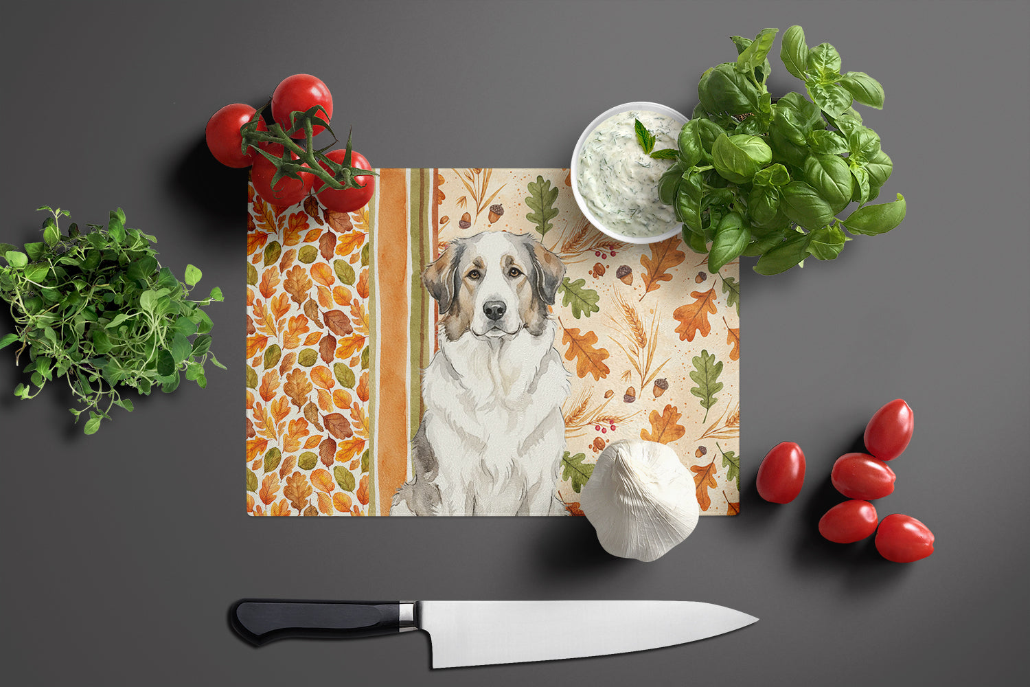 Badger Great Pyrenees Heirloom Fall Cutting Board Tempered Glass Kitchen Cutting Surface, Heat Resistant Chopping, Non-Slip Feet, Food Prep & Serving