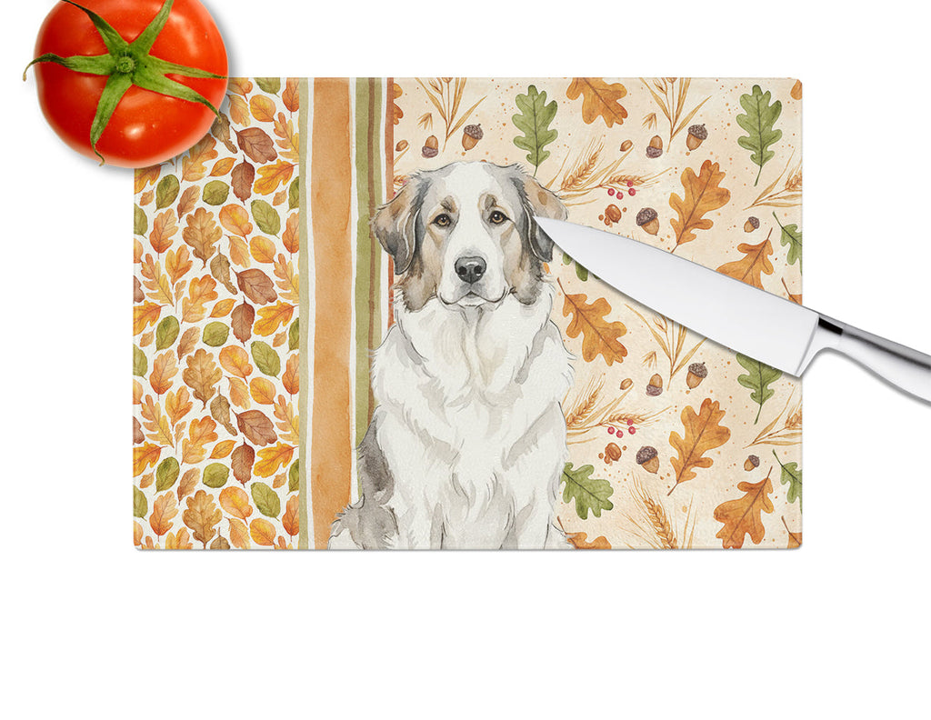 Badger Great Pyrenees Heirloom Fall Cutting Board Tempered Glass Kitchen Cutting Surface, Heat Resistant Chopping, Non-Slip Feet, Food Prep & Serving