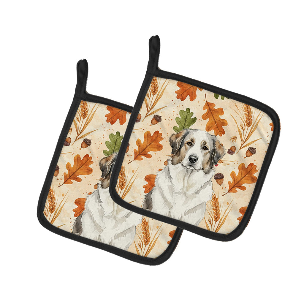 Badger Great Pyrenees Heirloom Fall Pot Holder Set of 2 Heat Resistant Quilted Hot Pads 7.5 x 7.5 Inch, Insulated Kitchen Trivets for Cooking & Baking