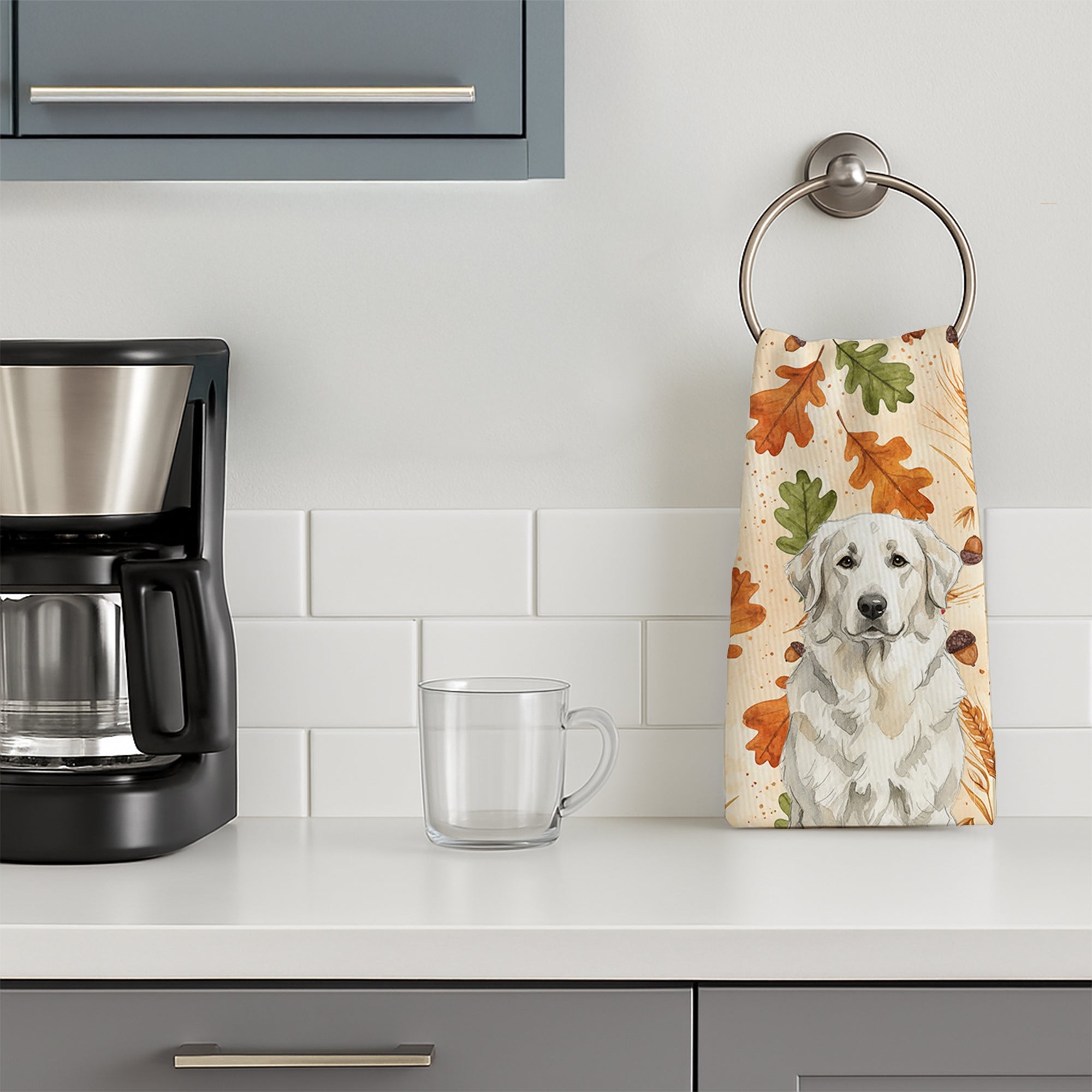 White Great Pyrenees Heirloom Fall Kitchen Towel Velour Plush Front and Cotton Loop Back Machine Washable