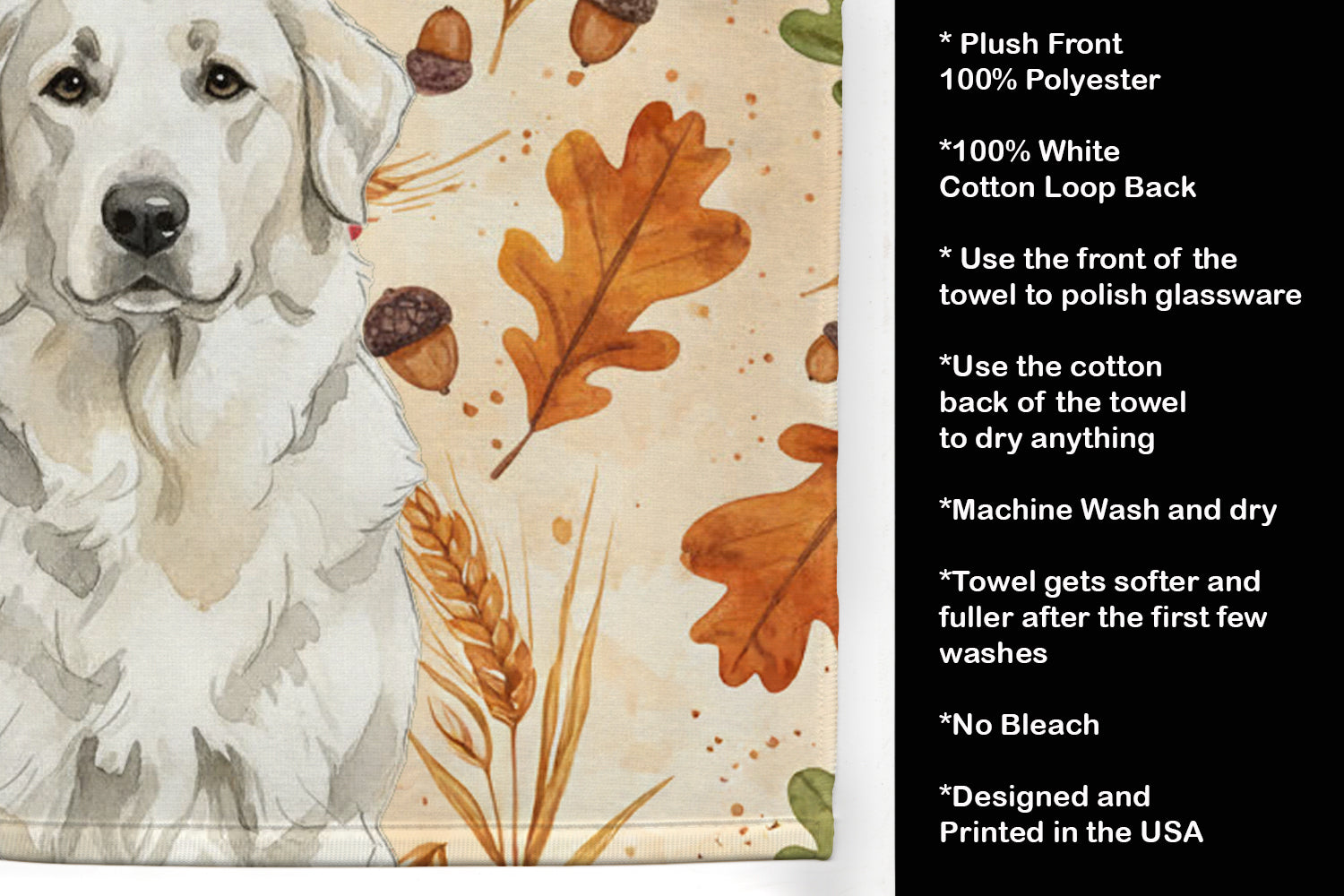 White Great Pyrenees Heirloom Fall Kitchen Towel Velour Plush Front and Cotton Loop Back Machine Washable