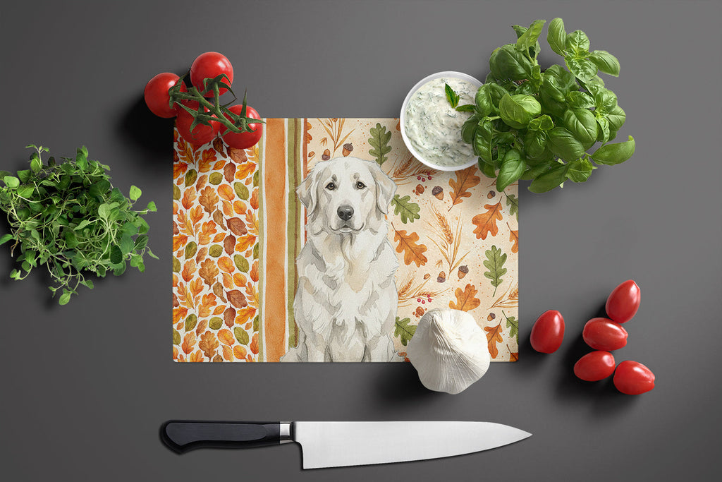 White Great Pyrenees Heirloom Fall Cutting Board Tempered Glass Kitchen Cutting Surface, Heat Resistant Chopping, Non-Slip Feet, Food Prep & Serving