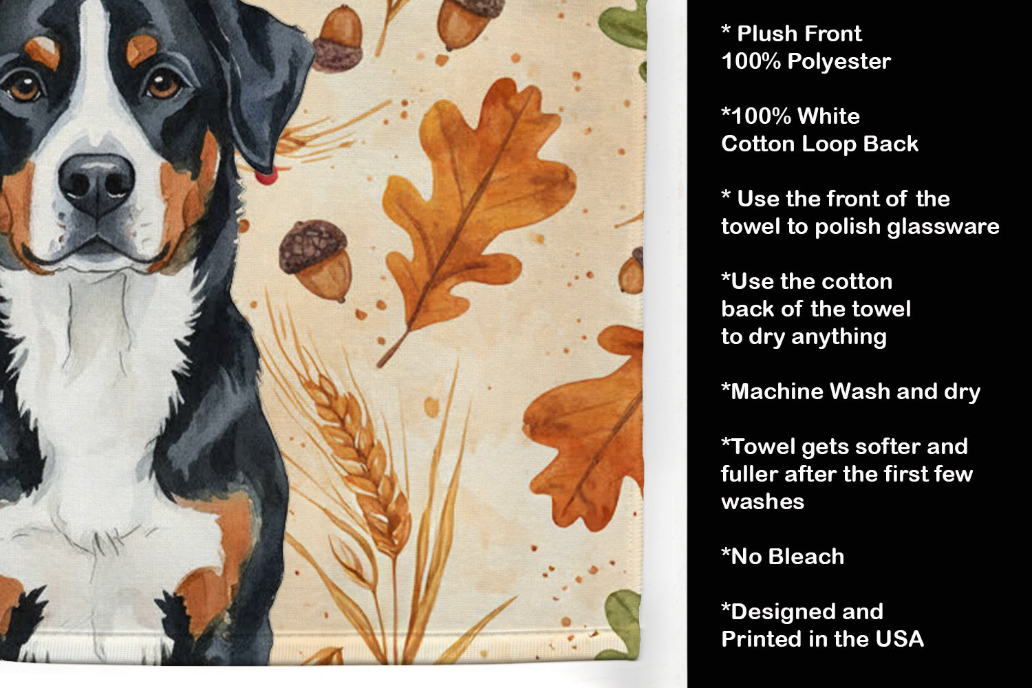 Greater Swiss Mountain Dog Heirloom Fall Kitchen Towel Velour Plush Front and Cotton Loop Back Machine Washable
