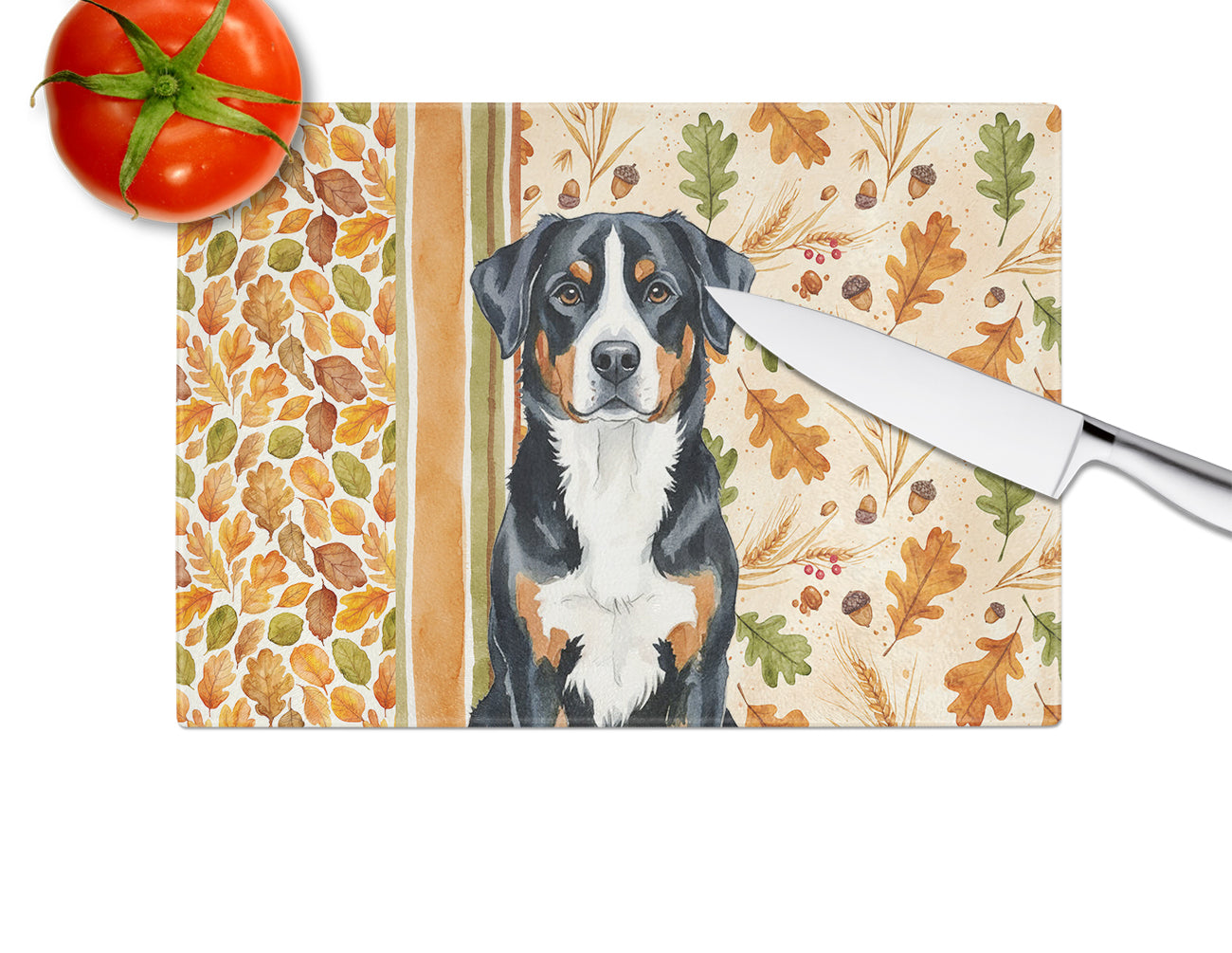 Greater Swiss Mountain Dog Heirloom Fall Cutting Board Tempered Glass Kitchen Cutting Surface, Heat Resistant Chopping, Non-Slip Feet, Food Prep & Serving
