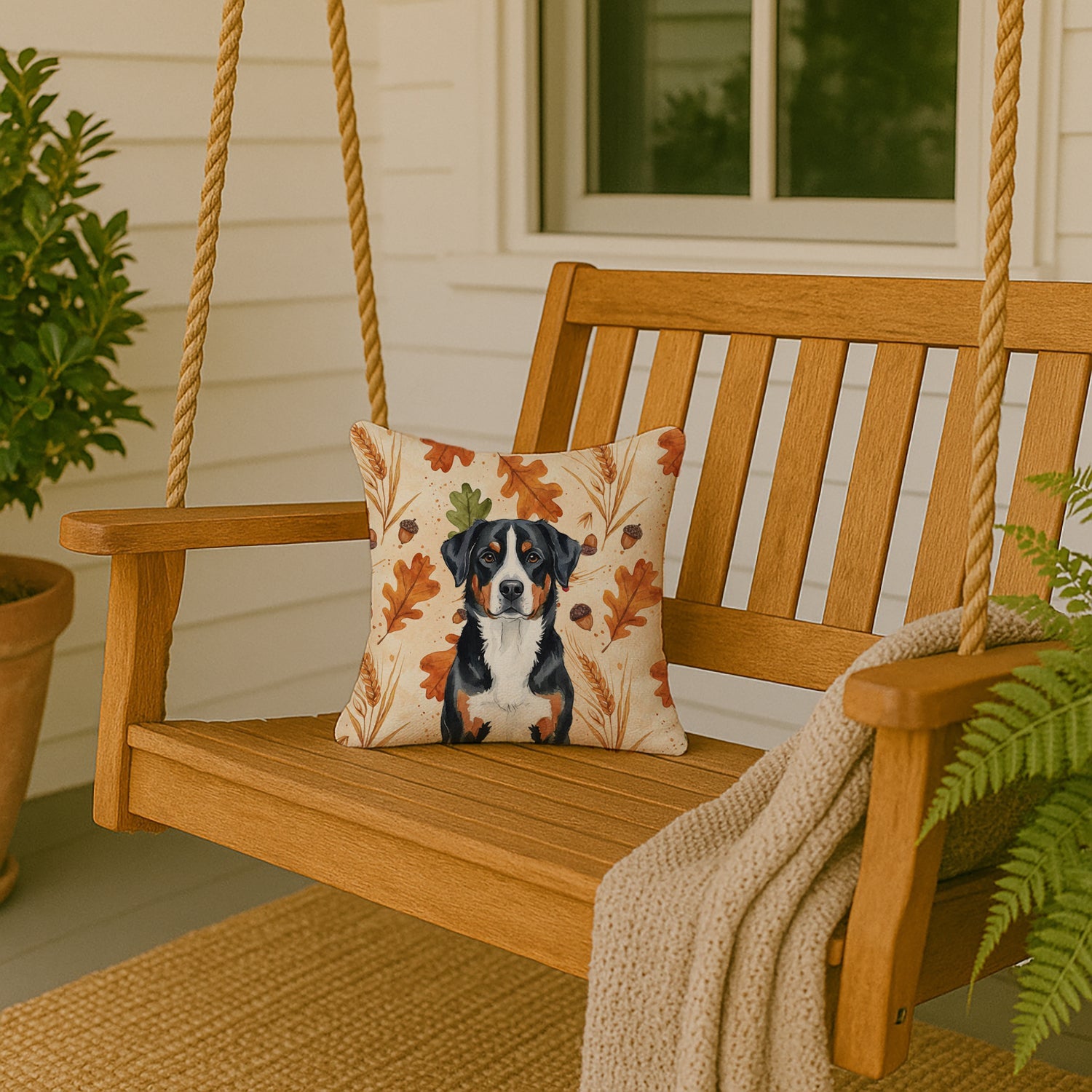 Greater Swiss Mountain Dog Heirloom Fall Decorative Throw Pillow 14x14 Indoor Outdoor Accent Cushion, Fabric Cover with Insert for Sofa, Bed, Porch & Living Room