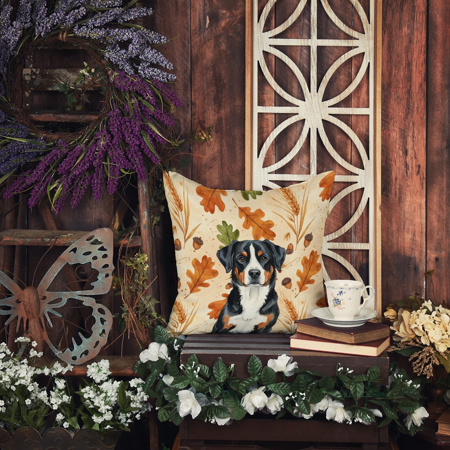 Greater Swiss Mountain Dog Heirloom Fall Decorative Throw Pillow 14x14 Indoor Outdoor Accent Cushion, Fabric Cover with Insert for Sofa, Bed, Porch & Living Room