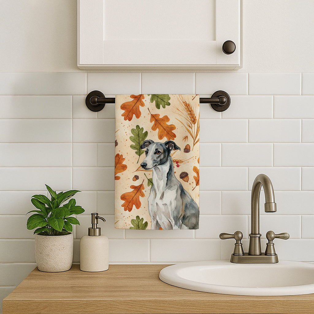 Black and White Greyhound Heirloom Fall Kitchen Towel Velour Plush Front and Cotton Loop Back Machine Washable
