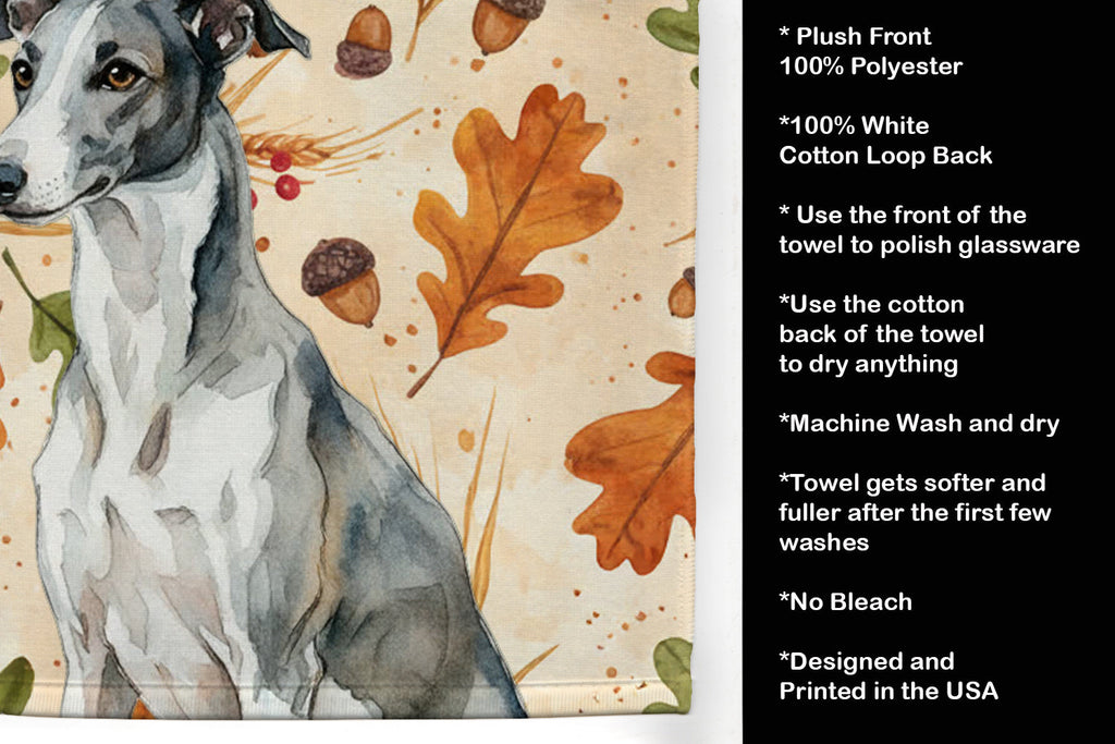 Black and White Greyhound Heirloom Fall Kitchen Towel Velour Plush Front and Cotton Loop Back Machine Washable