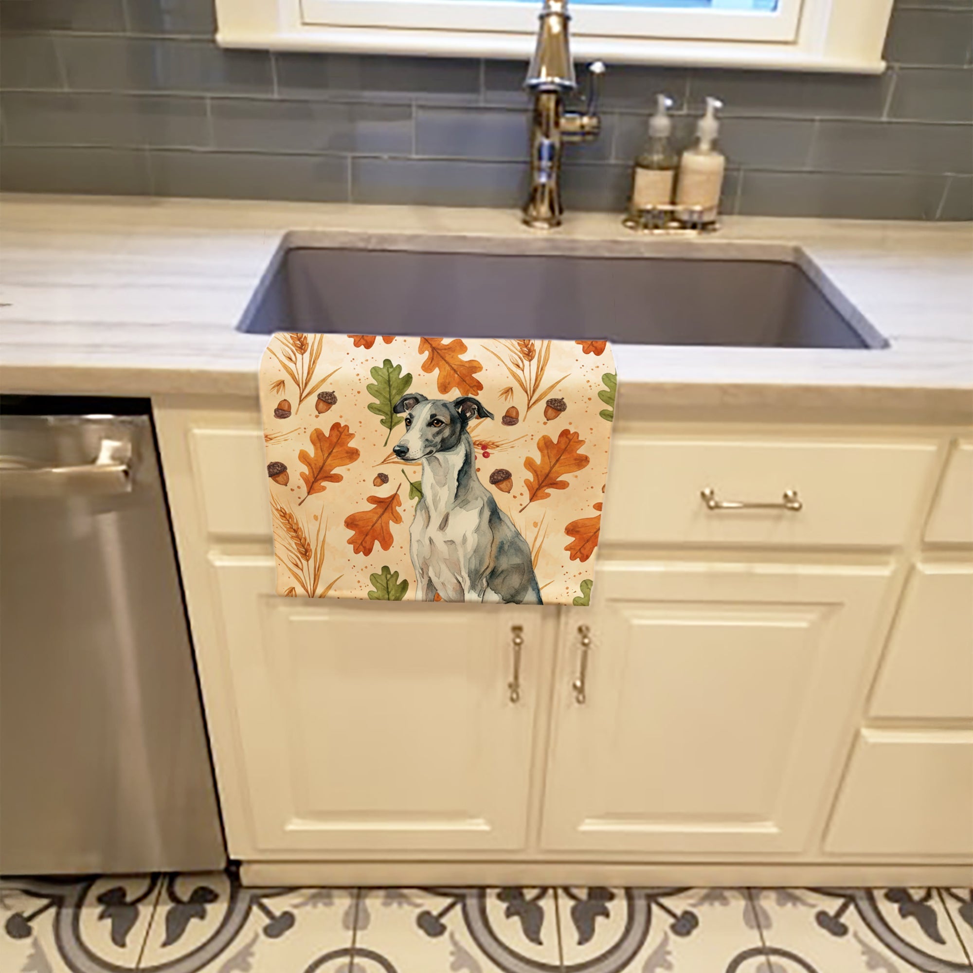 Black and White Greyhound Heirloom Fall Kitchen Towel Velour Plush Front and Cotton Loop Back Machine Washable