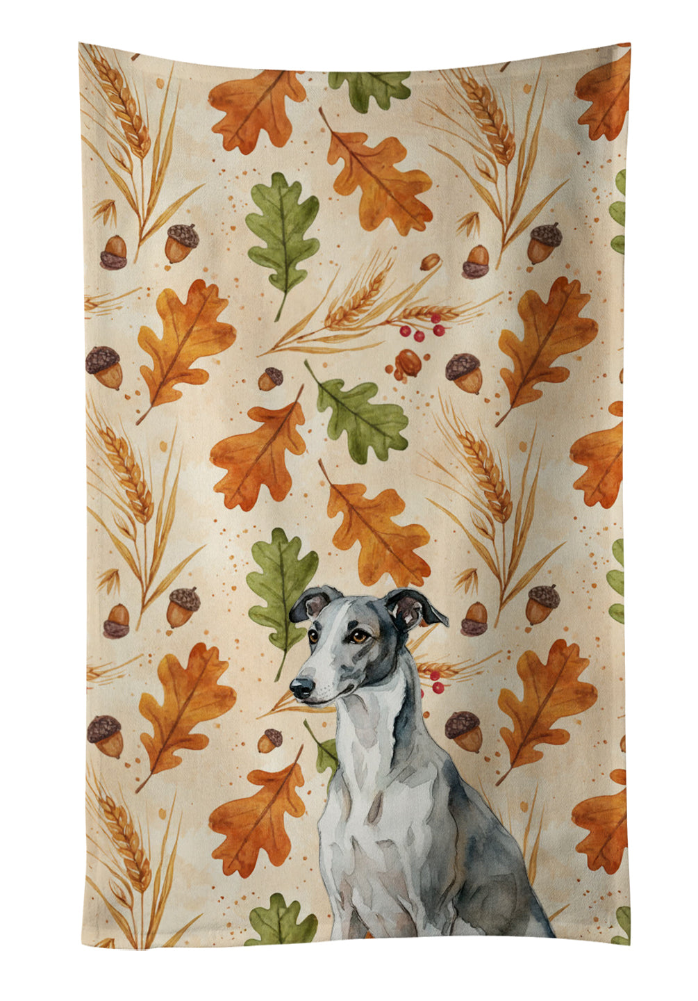 Black and White Greyhound Heirloom Fall Kitchen Towel Velour Plush Front and Cotton Loop Back Machine Washable