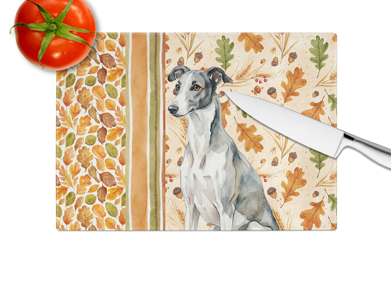 Black and White Greyhound Heirloom Fall Cutting Board Tempered Glass Kitchen Cutting Surface, Heat Resistant Chopping, Non-Slip Feet, Food Prep & Serving