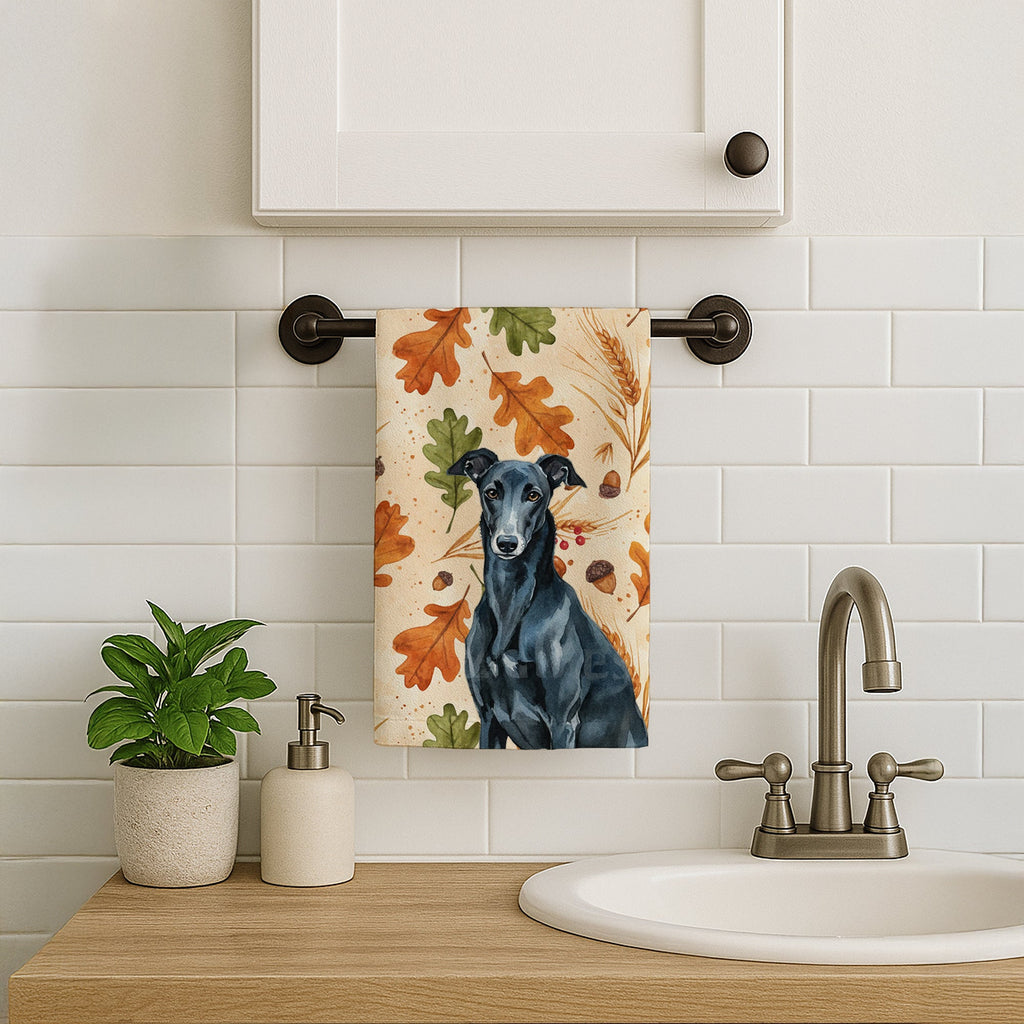 Black Greyhound Heirloom Fall Kitchen Towel Velour Plush Front and Cotton Loop Back Machine Washable
