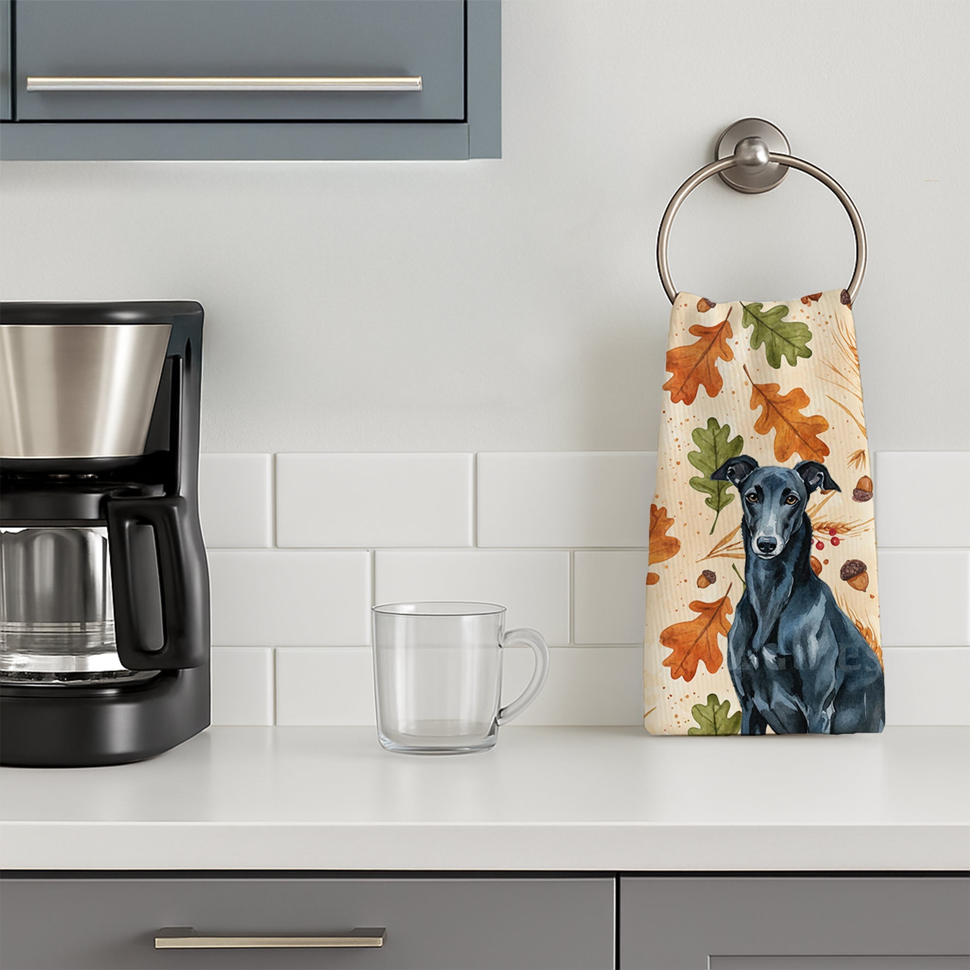 Black Greyhound Heirloom Fall Kitchen Towel Velour Plush Front and Cotton Loop Back Machine Washable