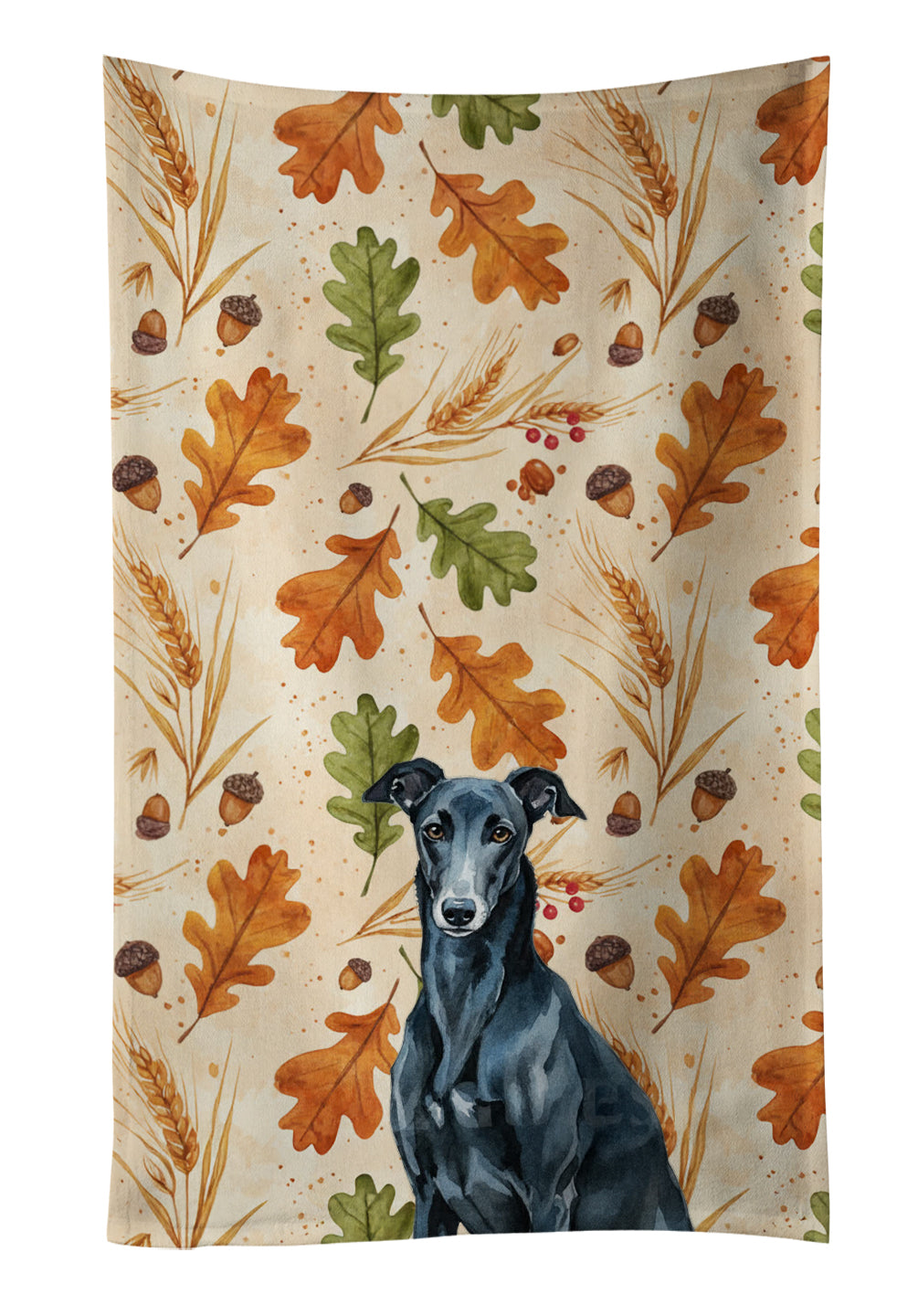 Black Greyhound Heirloom Fall Kitchen Towel Velour Plush Front and Cotton Loop Back Machine Washable