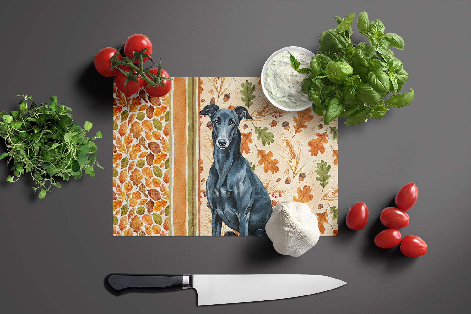 Black Greyhound Heirloom Fall Cutting Board Tempered Glass Kitchen Cutting Surface, Heat Resistant Chopping, Non-Slip Feet, Food Prep & Serving