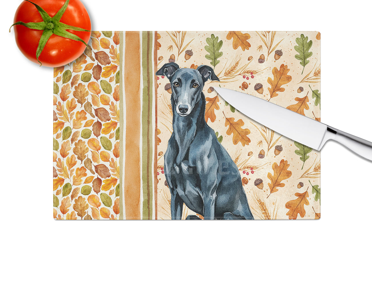 Black Greyhound Heirloom Fall Cutting Board Tempered Glass Kitchen Cutting Surface, Heat Resistant Chopping, Non-Slip Feet, Food Prep & Serving