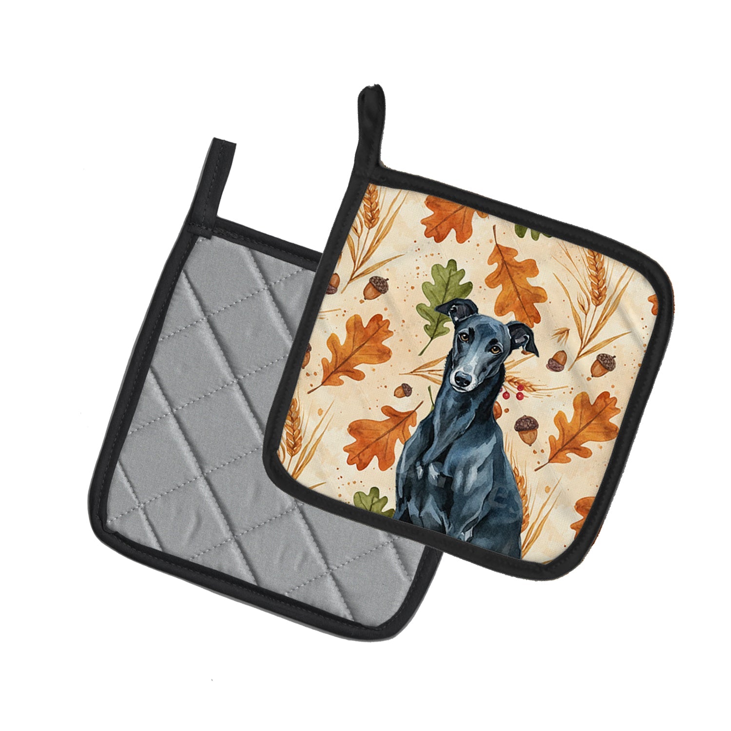 Black Greyhound Heirloom Fall Pot Holder Set of 2 Heat Resistant Quilted Hot Pads 7.5 x 7.5 Inch, Insulated Kitchen Trivets for Cooking & Baking