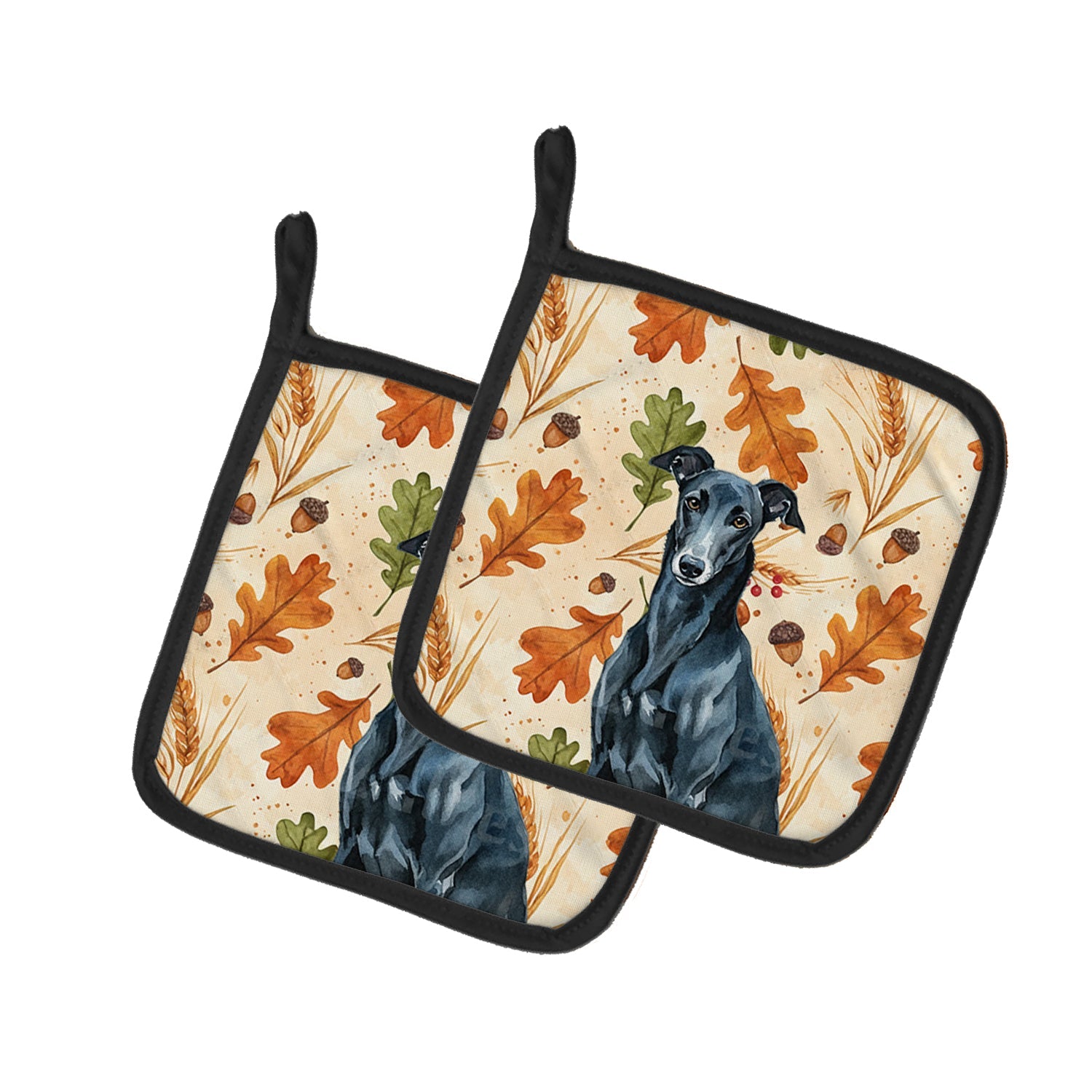 Black Greyhound Heirloom Fall Pot Holder Set of 2 Heat Resistant Quilted Hot Pads 7.5 x 7.5 Inch, Insulated Kitchen Trivets for Cooking & Baking