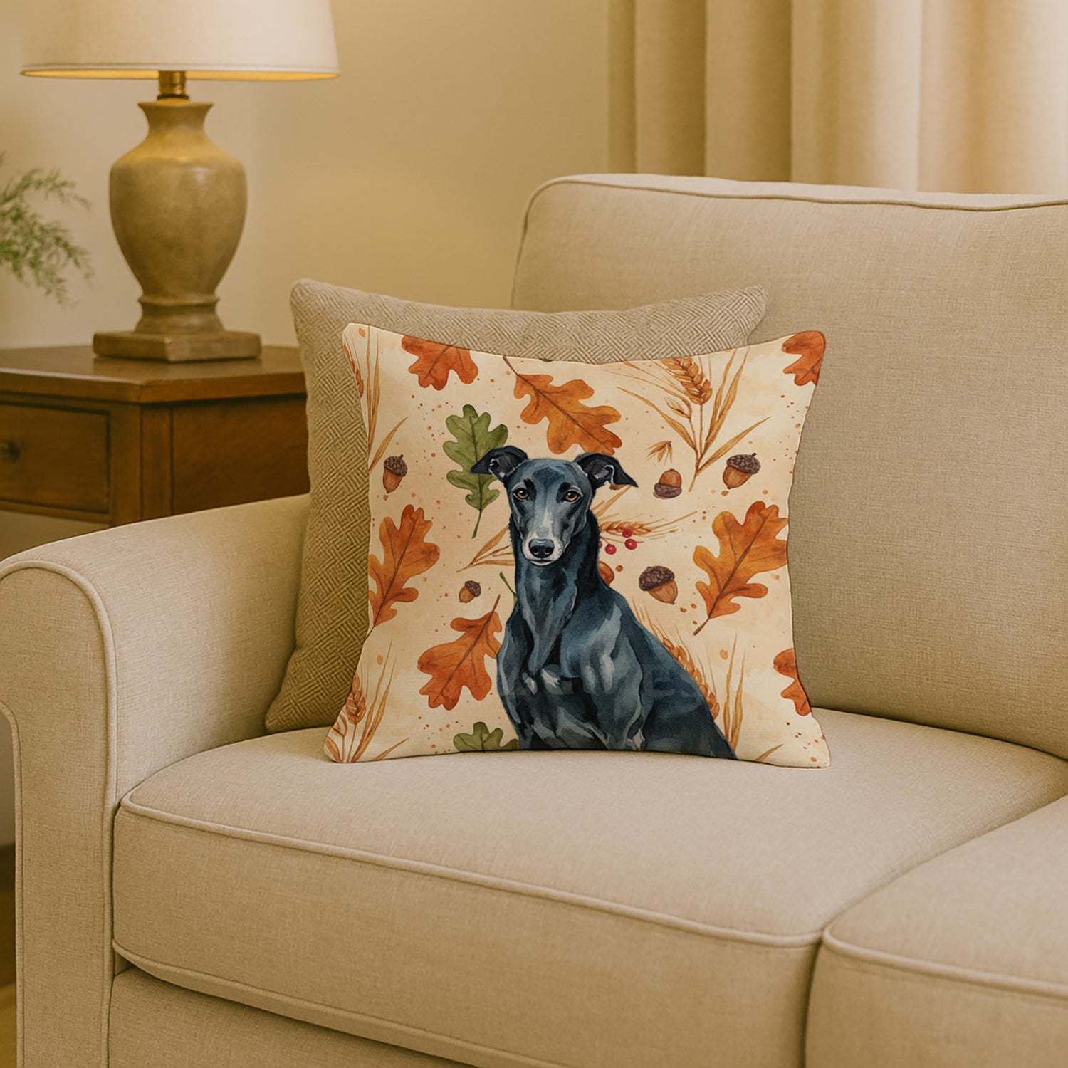Black Greyhound Heirloom Fall Decorative Throw Pillow 18x18 Indoor Outdoor Accent Cushion, Fabric Cover with Insert for Sofa, Bed, Porch & Living Room