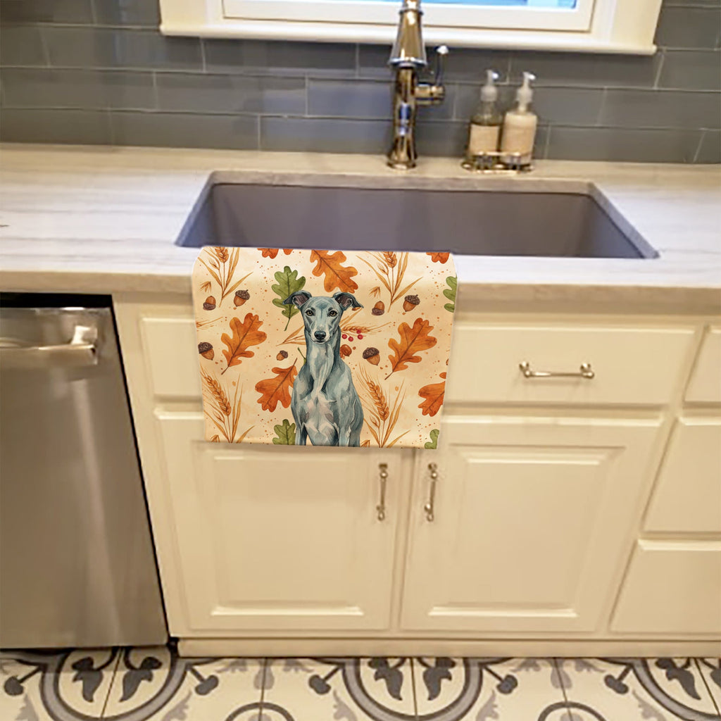 Blue Brindle Greyhound Heirloom Fall Kitchen Towel Velour Plush Front and Cotton Loop Back Machine Washable