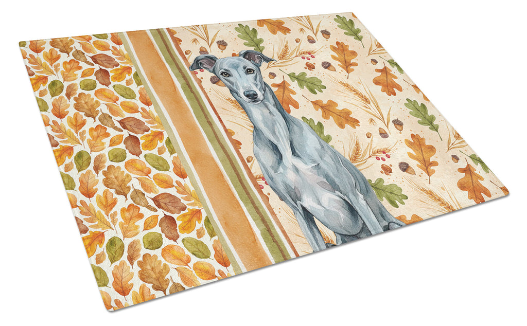 Blue Brindle Greyhound Heirloom Fall Cutting Board Tempered Glass Kitchen Cutting Surface, Heat Resistant Chopping, Non-Slip Feet, Food Prep & Serving