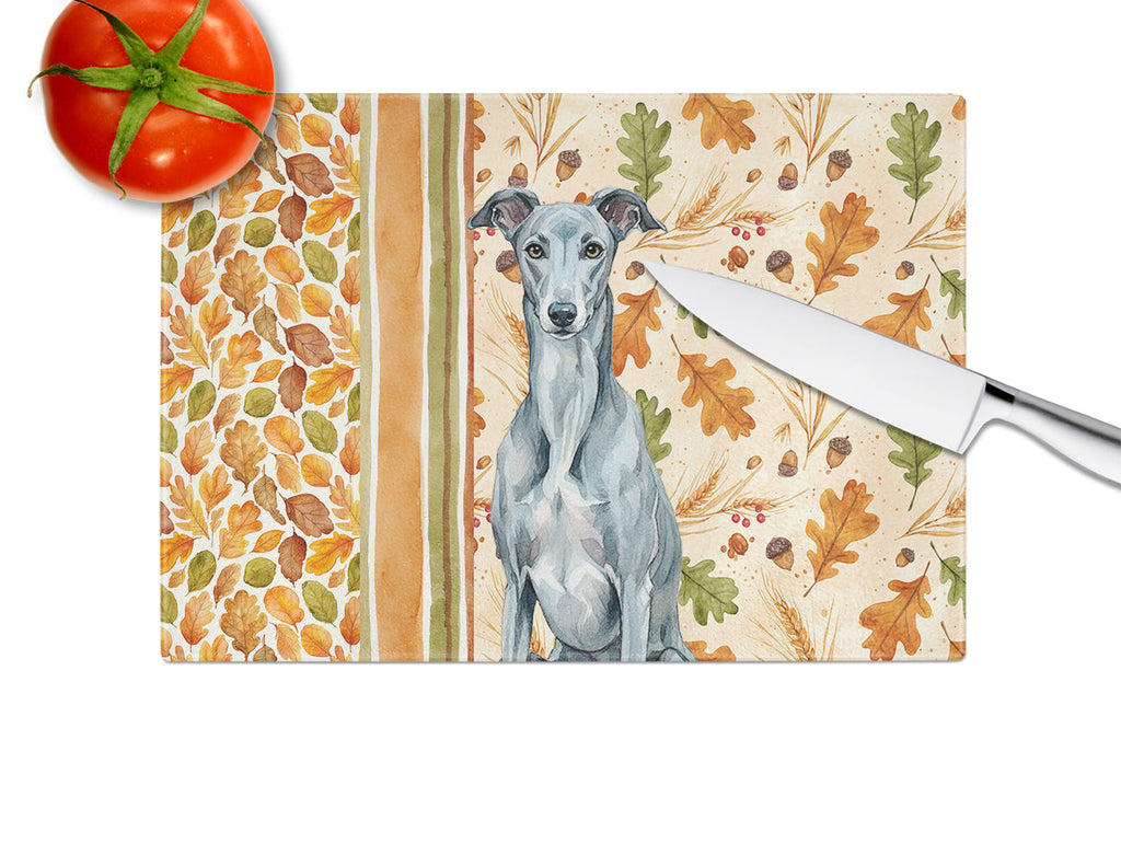 Blue Brindle Greyhound Heirloom Fall Cutting Board Tempered Glass Kitchen Cutting Surface, Heat Resistant Chopping, Non-Slip Feet, Food Prep & Serving