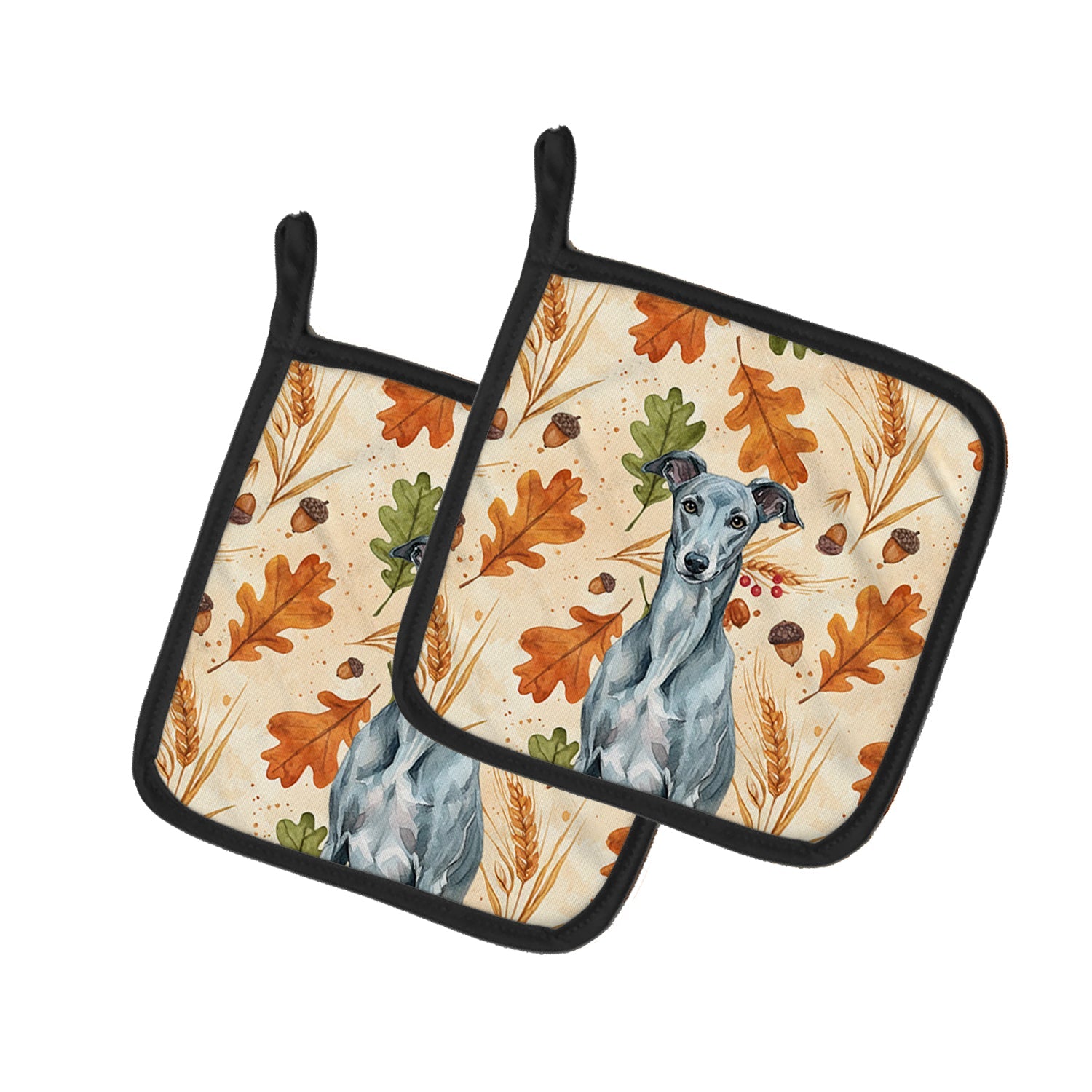 Blue Brindle Greyhound Heirloom Fall Pot Holder Set of 2 Heat Resistant Quilted Hot Pads 7.5 x 7.5 Inch, Insulated Kitchen Trivets for Cooking & Baking
