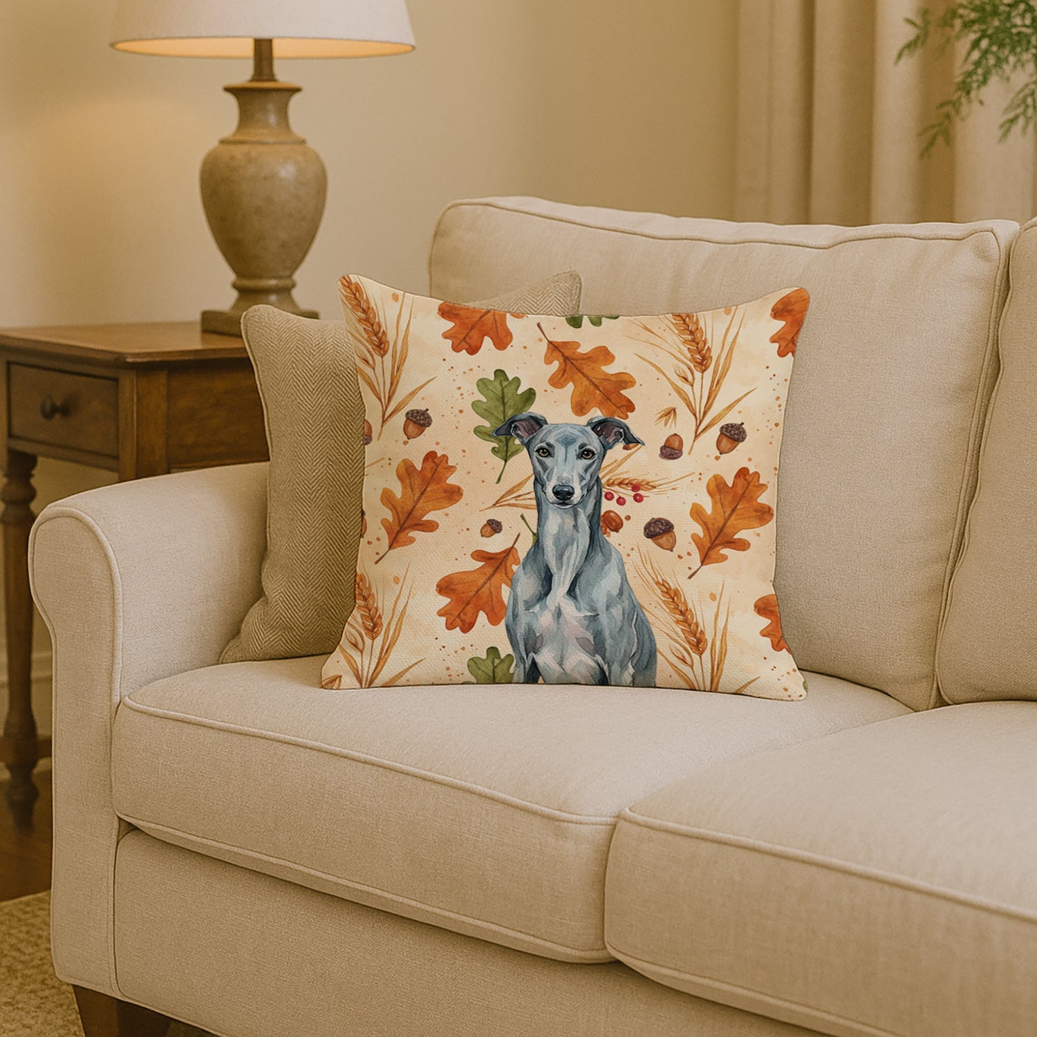 Blue Brindle Greyhound Heirloom Fall Decorative Throw Pillow 14x14 Indoor Outdoor Accent Cushion, Fabric Cover with Insert for Sofa, Bed, Porch & Living Room