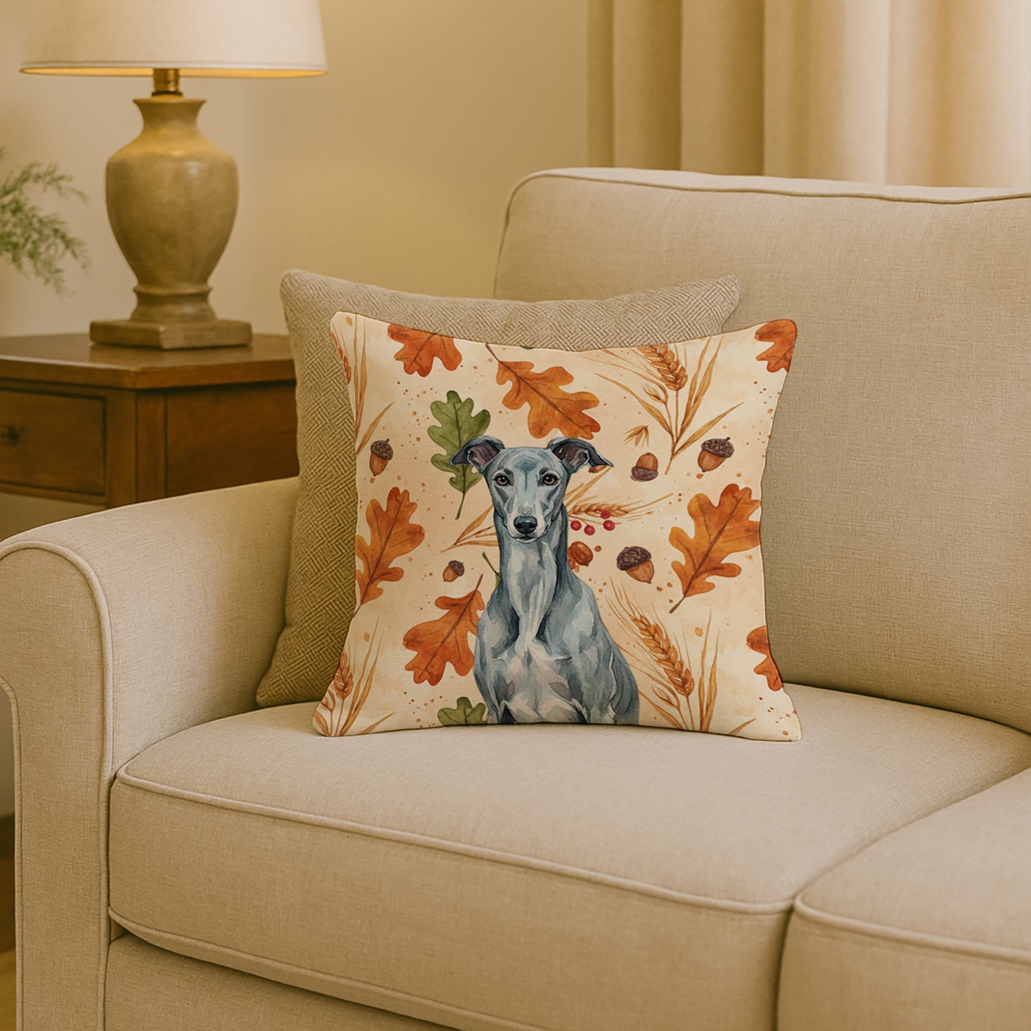 Blue Brindle Greyhound Heirloom Fall Decorative Throw Pillow 18x18 Indoor Outdoor Accent Cushion, Fabric Cover with Insert for Sofa, Bed, Porch & Living Room